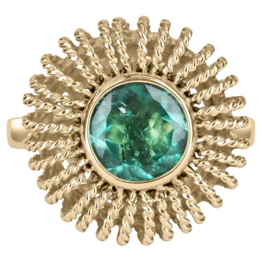 2.80cts 14K Natural Sea Blue Green Round Cut Emerald Woven Vintage Ring For Sale