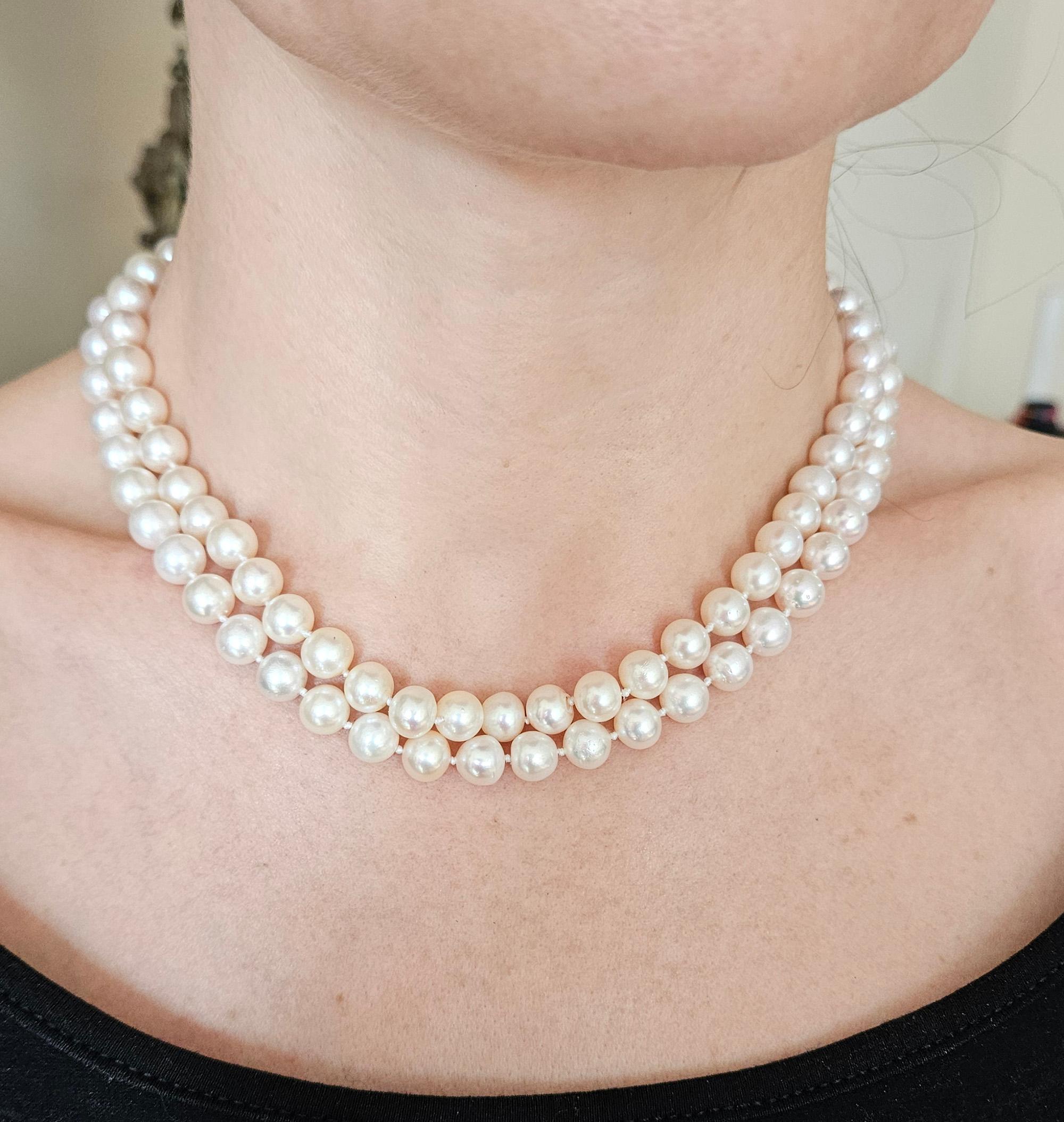 2.80ctw Diamond Flower Cultured Akoya White Double Strand Pearl 18KY Necklace For Sale 4