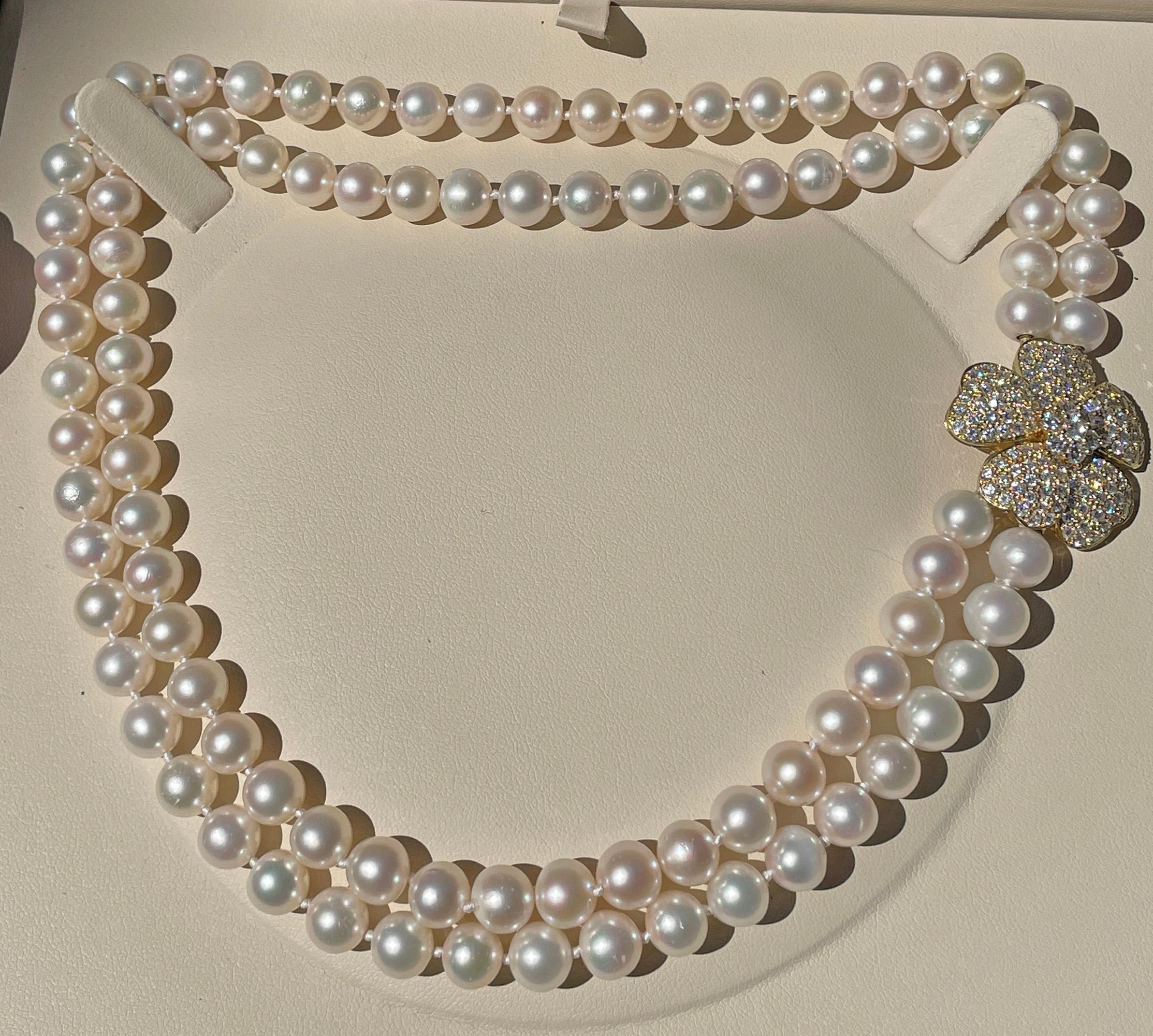 2.80ctw Diamond Flower Cultured Akoya White Double Strand Pearl 18KY Necklace For Sale 8