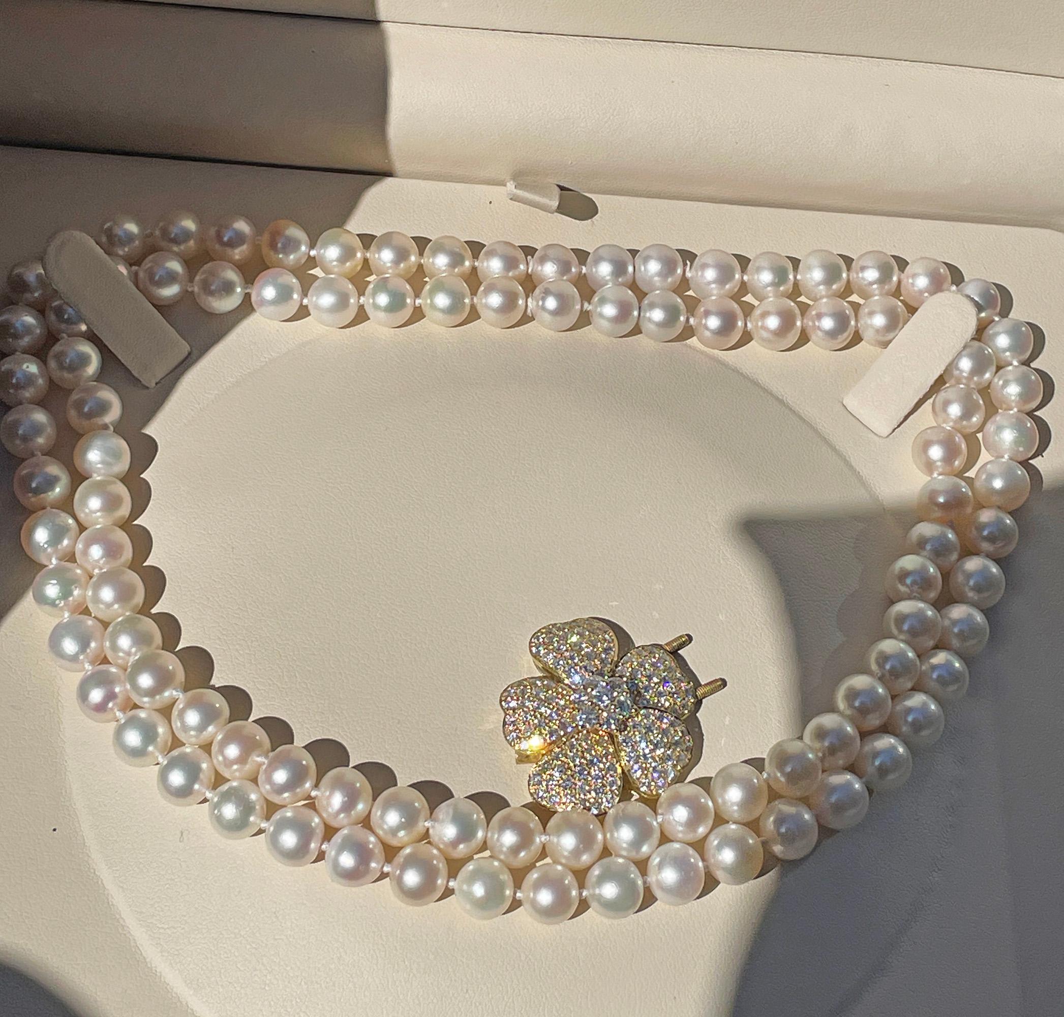 2.80ctw Diamond Flower Cultured Akoya White Double Strand Pearl 18KY Necklace For Sale 9