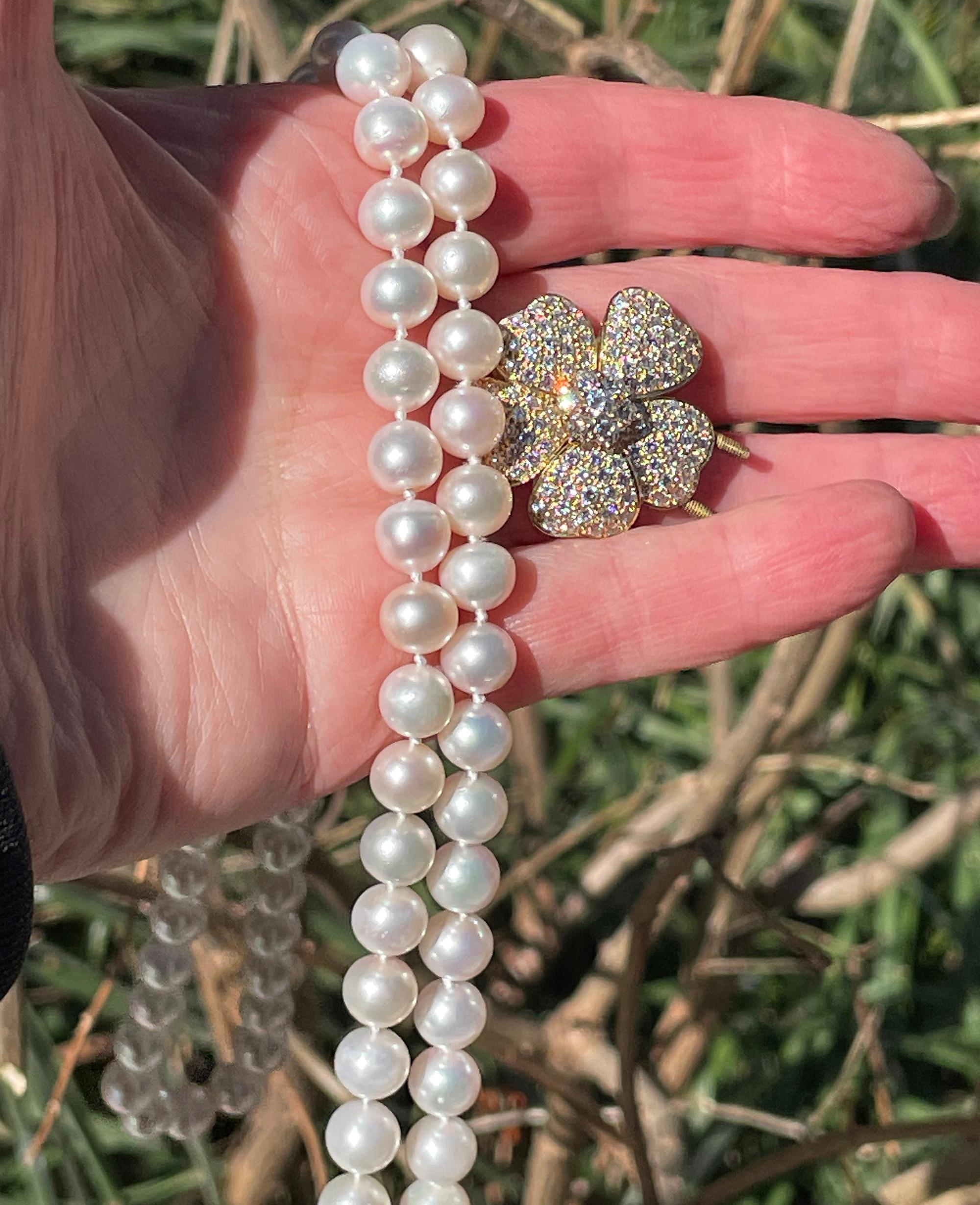 2.80ctw Diamond Flower Cultured Akoya White Double Strand Pearl 18KY Necklace For Sale 10
