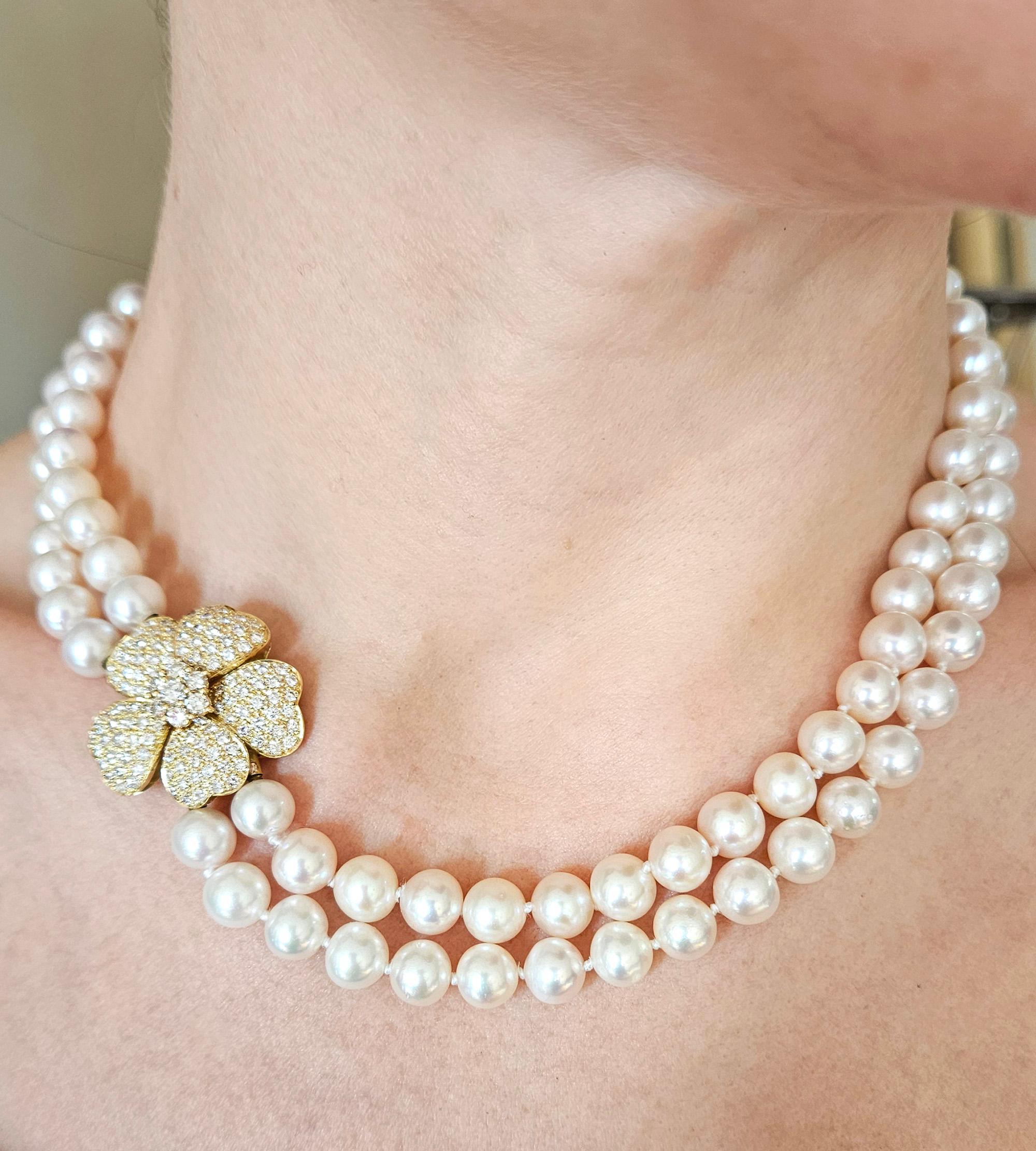 Classic 2.80ctw Diamond Flower Convertible Fine Akoya 8-8.5mm Cultured White Double Strand Japanese PEARL 18K Gold Vintage NECKLACE.
