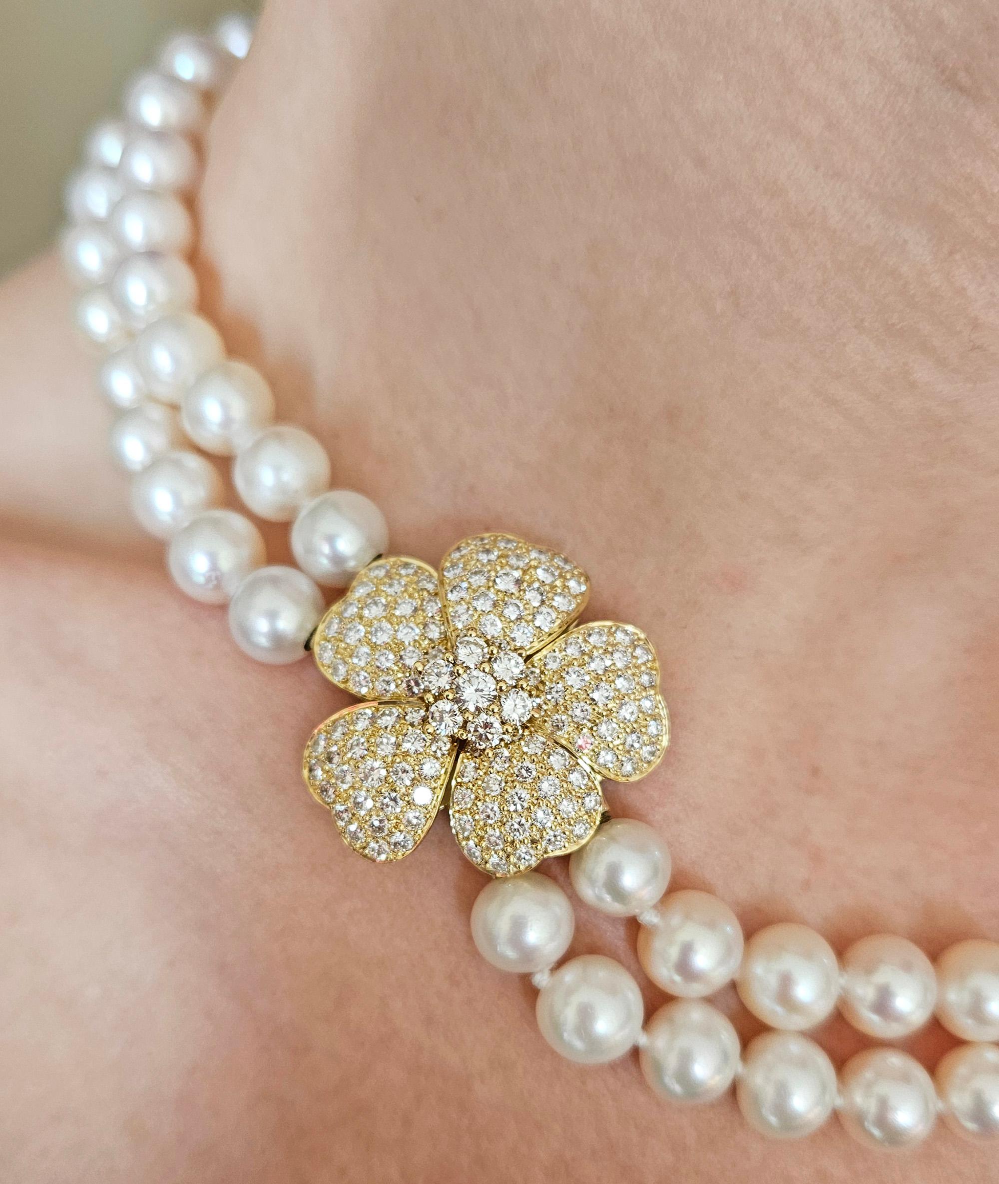 Round Cut 2.80ctw Diamond Flower Cultured Akoya White Double Strand Pearl 18KY Necklace For Sale