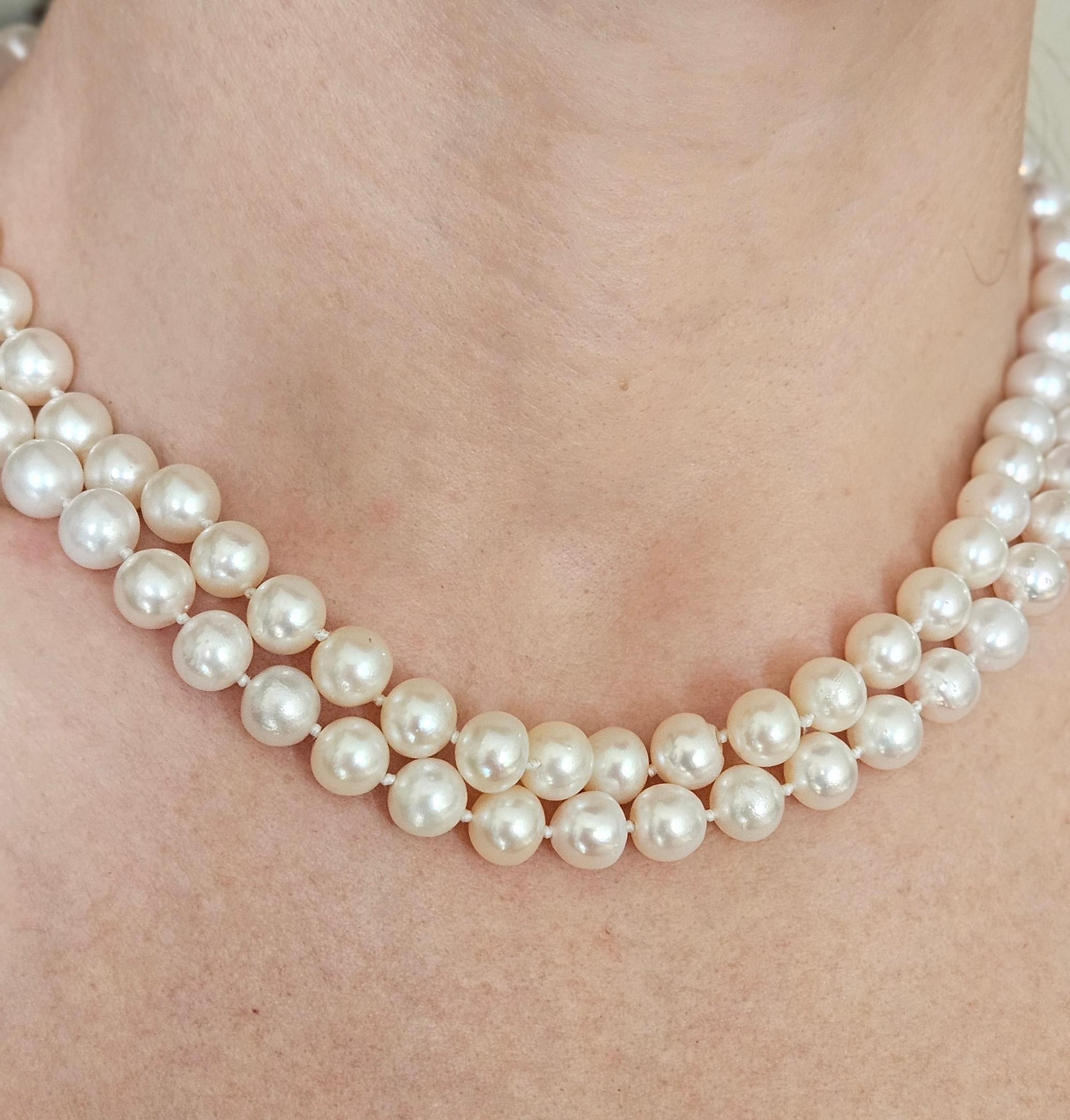 2.80ctw Diamond Flower Cultured Akoya White Double Strand Pearl 18KY Necklace For Sale 2