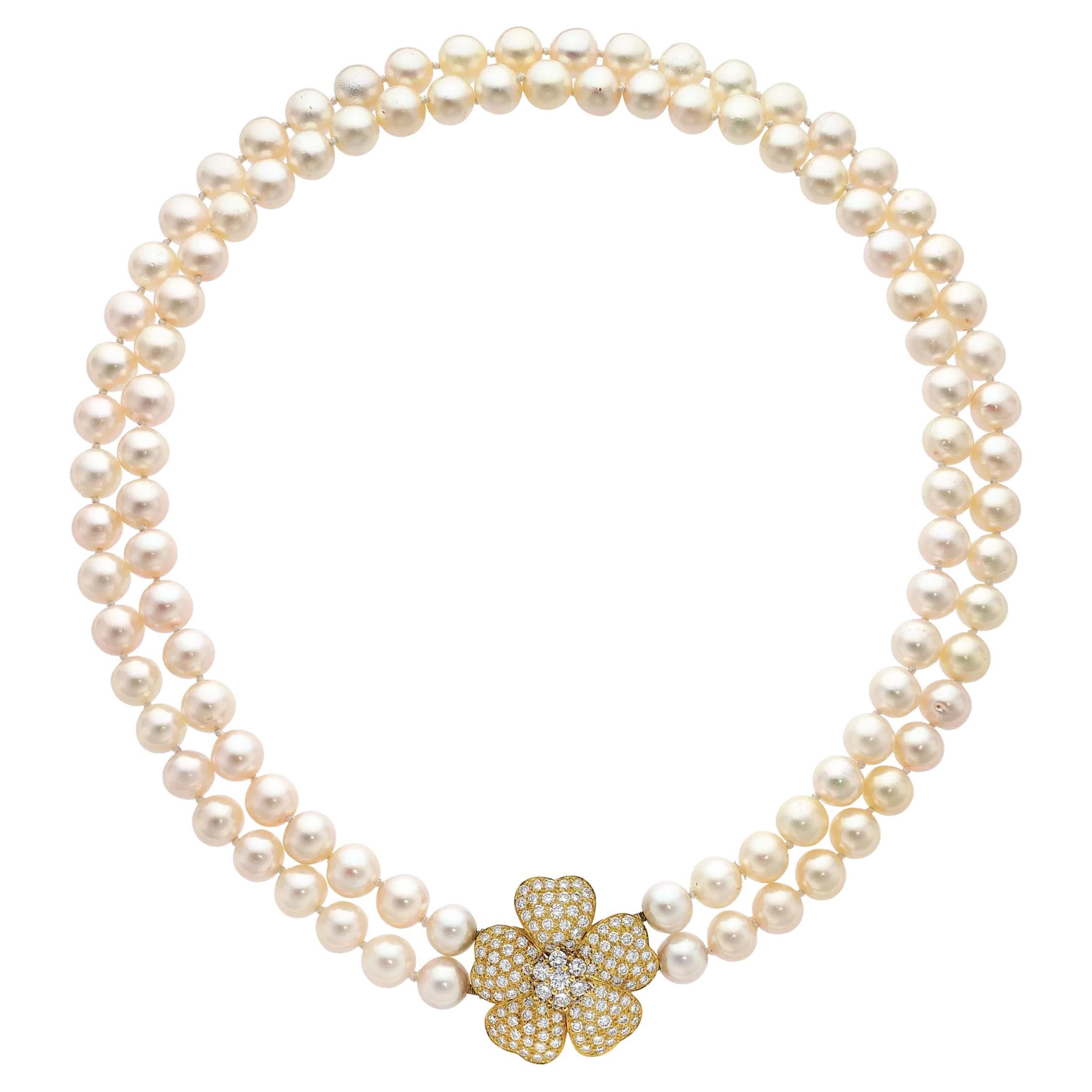 2.80ctw Diamond Flower Cultured Akoya White Double Strand Pearl 18KY Necklace For Sale