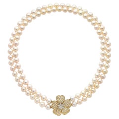 Vintage 2.80ctw Diamond Flower Cultured Akoya White Double Strand Pearl 18KY Necklace