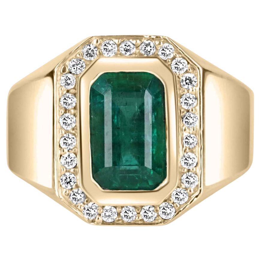 2.80tcw 14K Gold Natural Emerald-Emerald Cut & Diamond Halo Ring For Sale