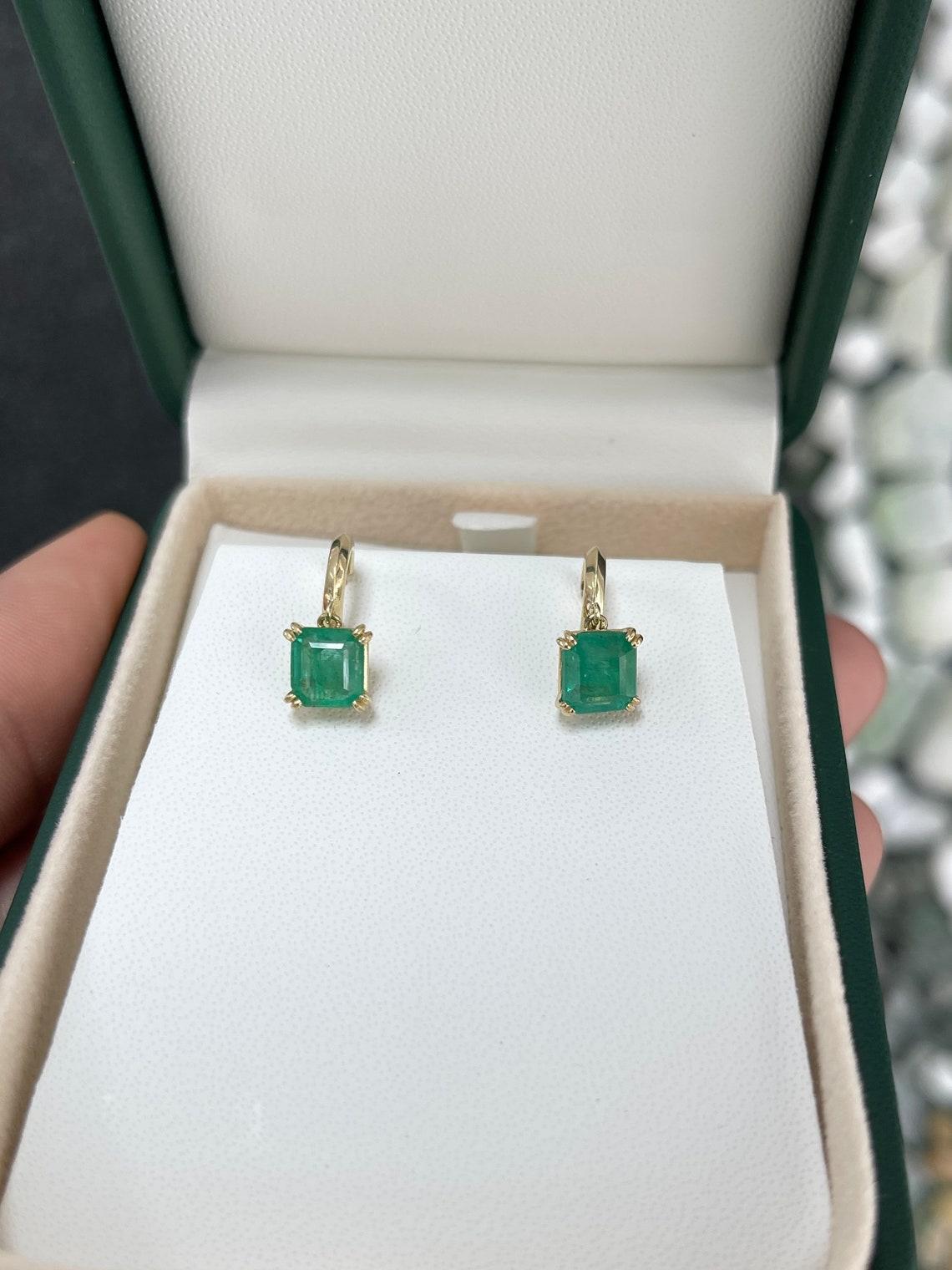 Modern 2.80tcw 14K Natural Emerald Asscher Cut Huggie Dangle Earrings Double Prong For Sale