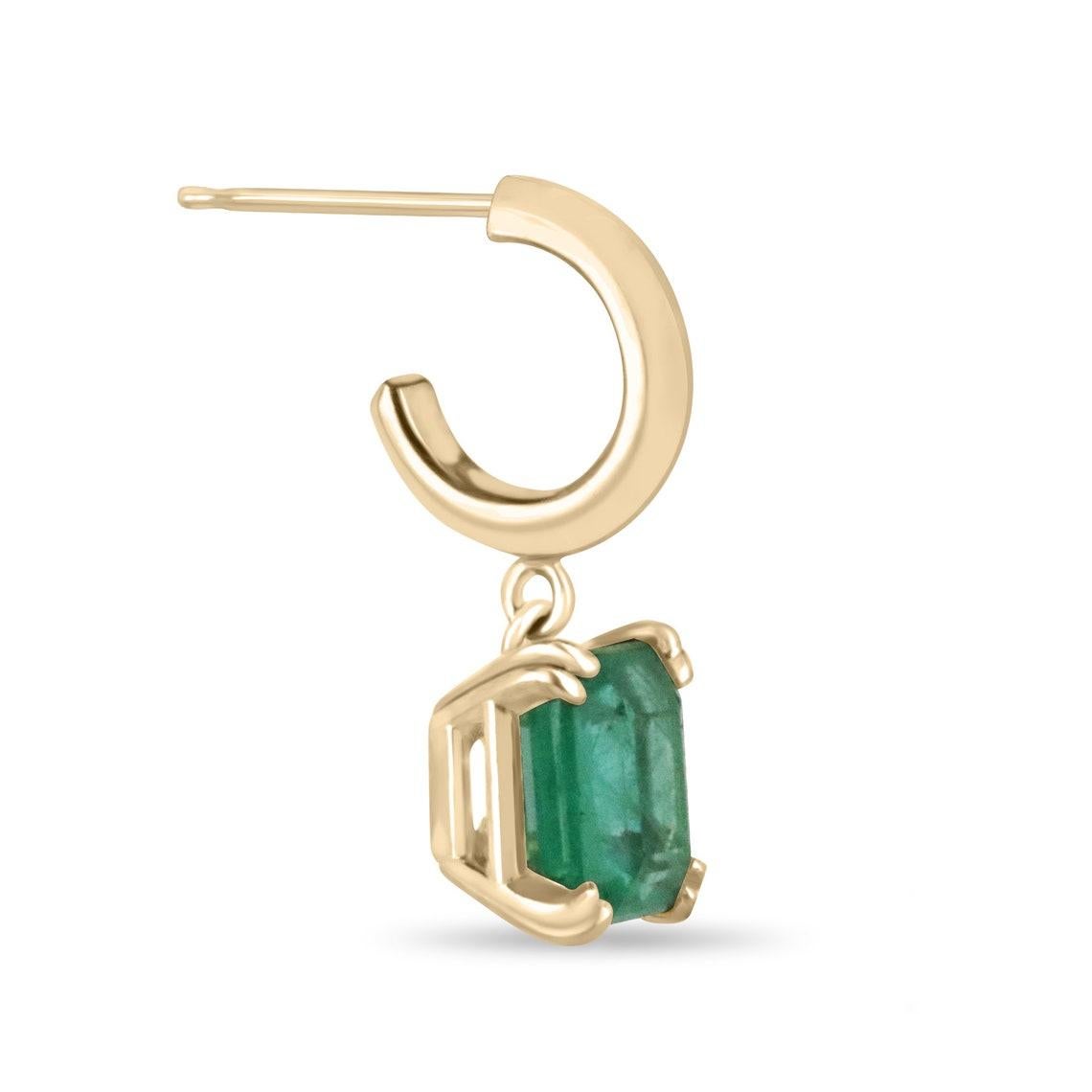 2.80tcw 14K Natural Emerald Asscher Cut Huggie Dangle Earrings Double Prong In New Condition For Sale In Jupiter, FL