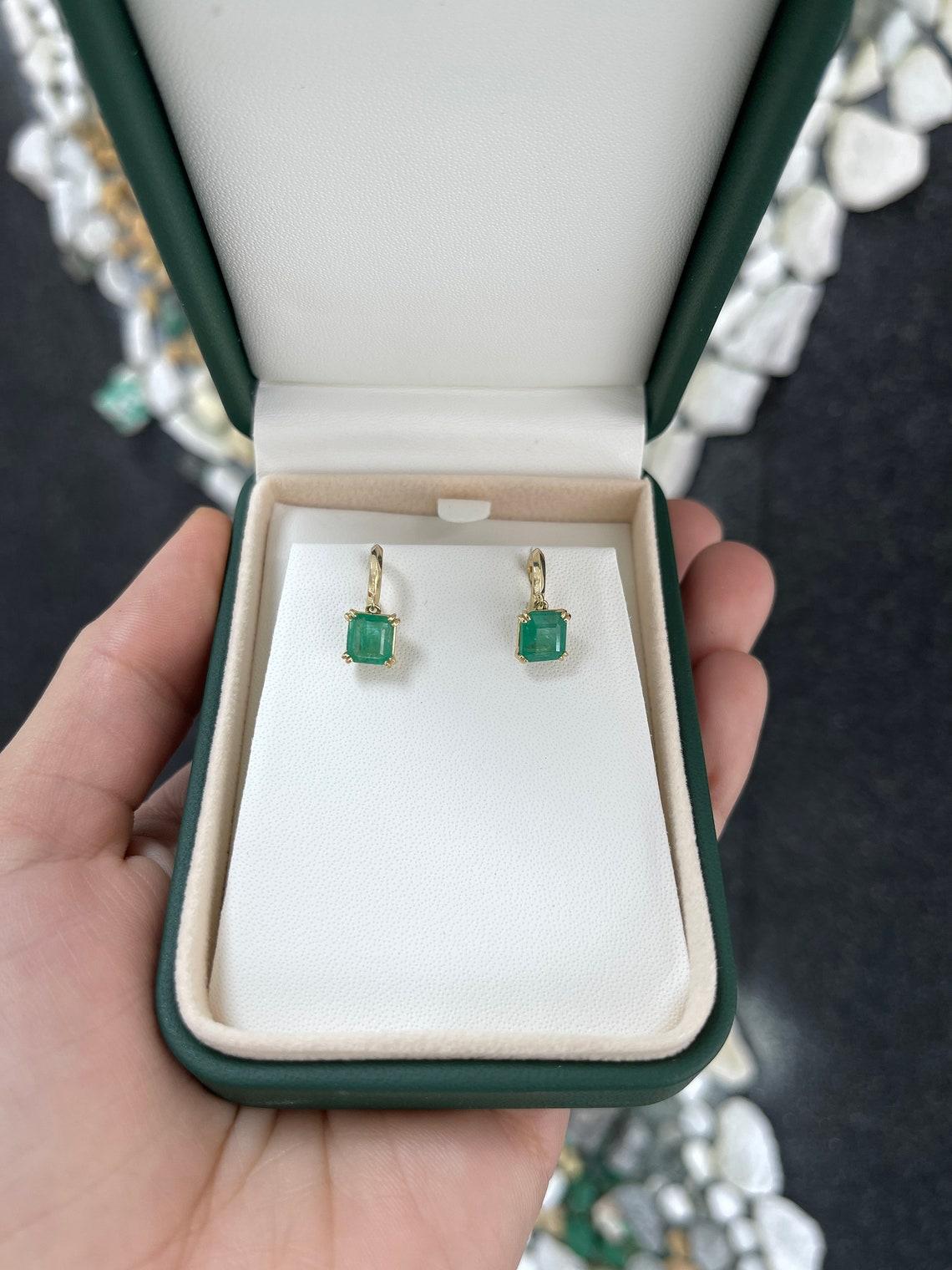Women's 2.80tcw 14K Natural Emerald Asscher Cut Huggie Dangle Earrings Double Prong For Sale
