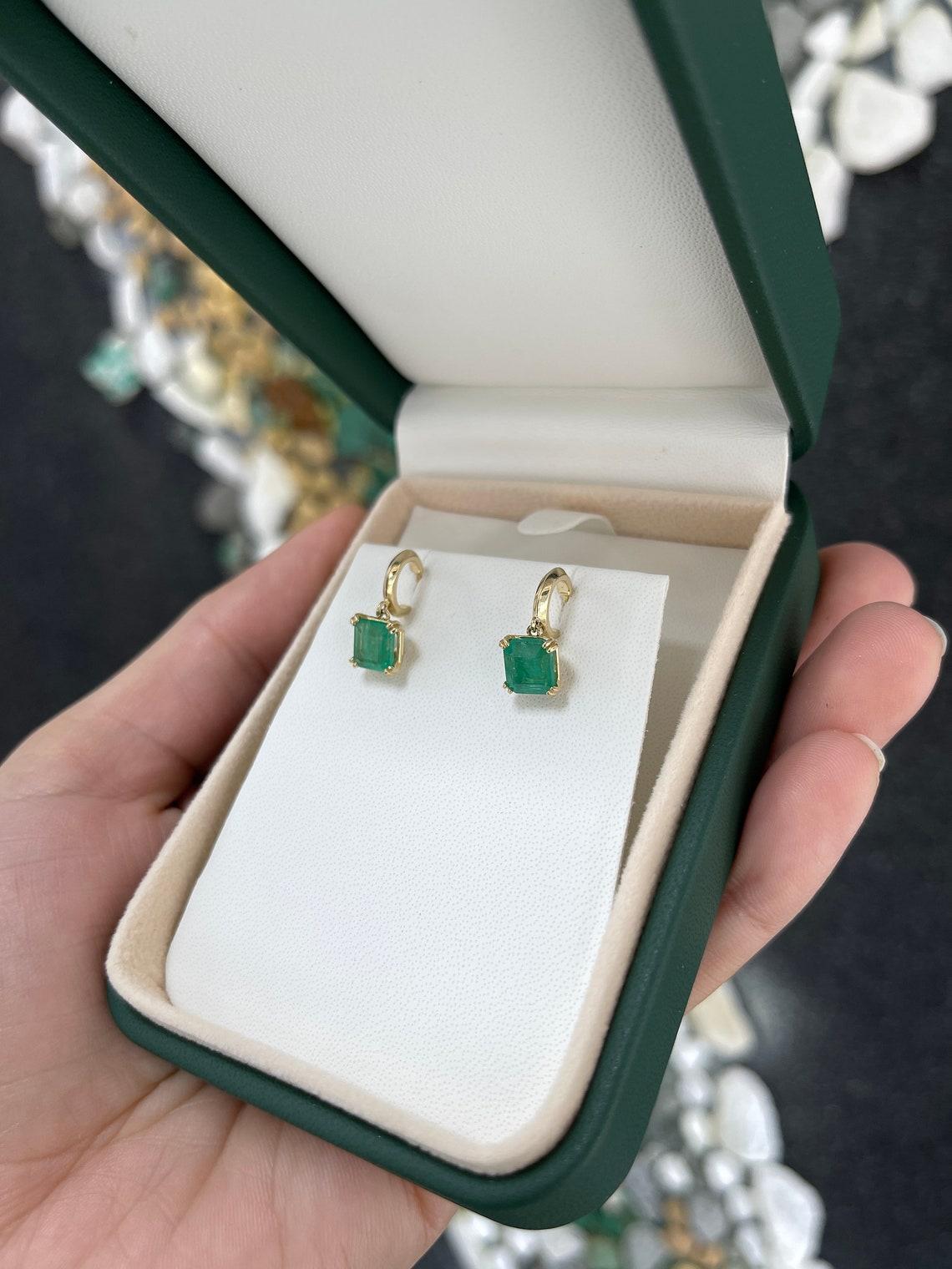2.80tcw 14K Natural Emerald Asscher Cut Huggie Dangle Earrings Double Prong For Sale 1