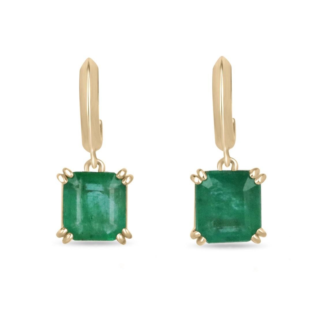 2.80tcw 14K Natural Emerald Asscher Cut Huggie Dangle Earrings Double Prong For Sale