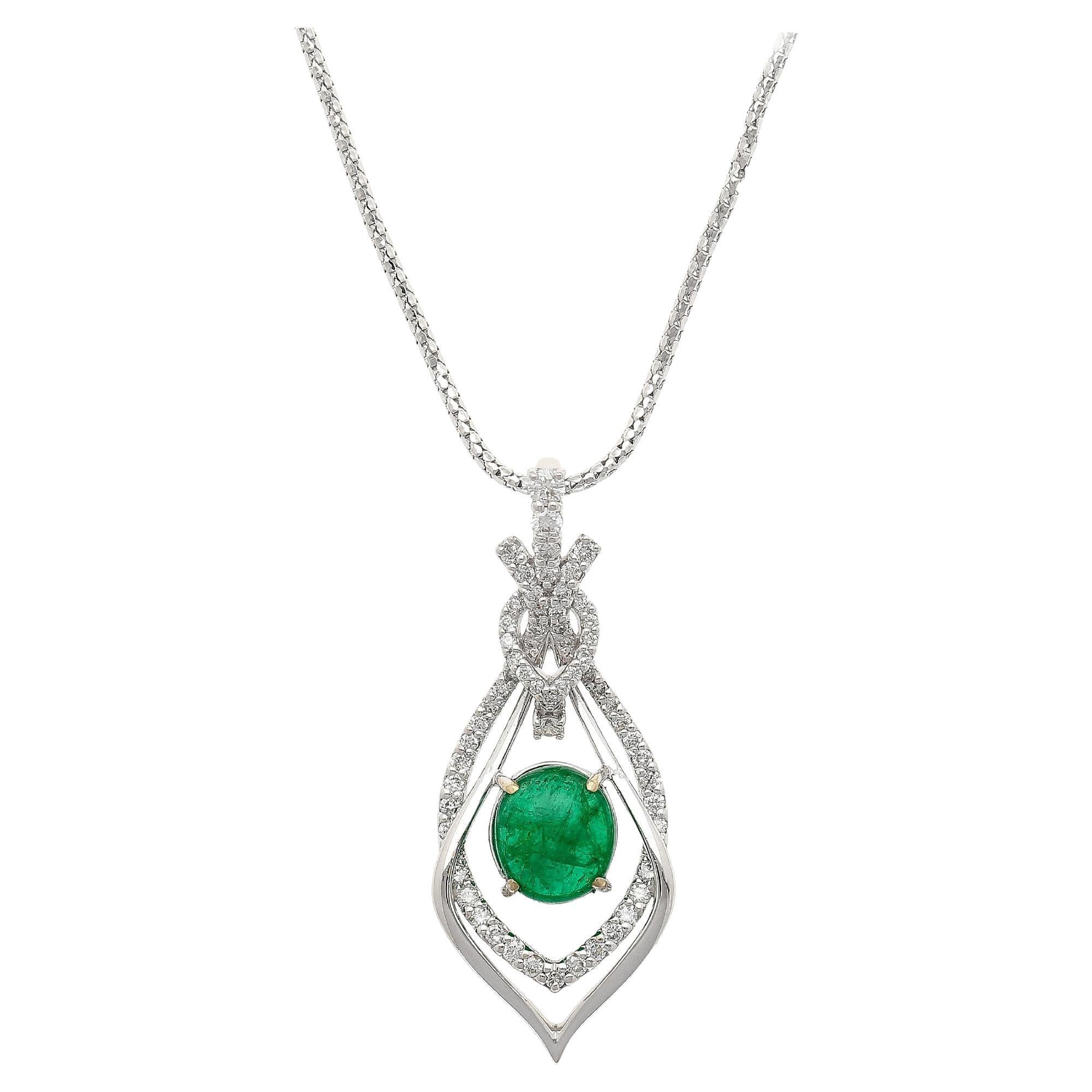 2.81 Carat Cabochon Emerald and Diamond 18K White Gold Pendant Necklace