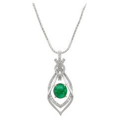 2.81 Carat Cabochon Emerald and Diamond 18K White Gold Pendant Necklace