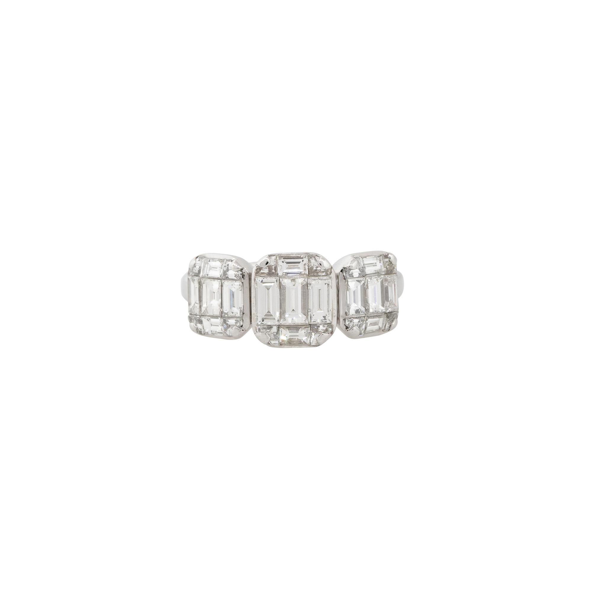 18k White Gold 2.81ctw Diamond 3 Station Ring
Style: Women's Diamond Mosaic Ring
Material: 18k White Gold
Main Diamond Details: Approximately 2.81ctw of mixed shape Diamonds. There are 3 square shaped diamond stations
Ring Size: 6.5 (Can be