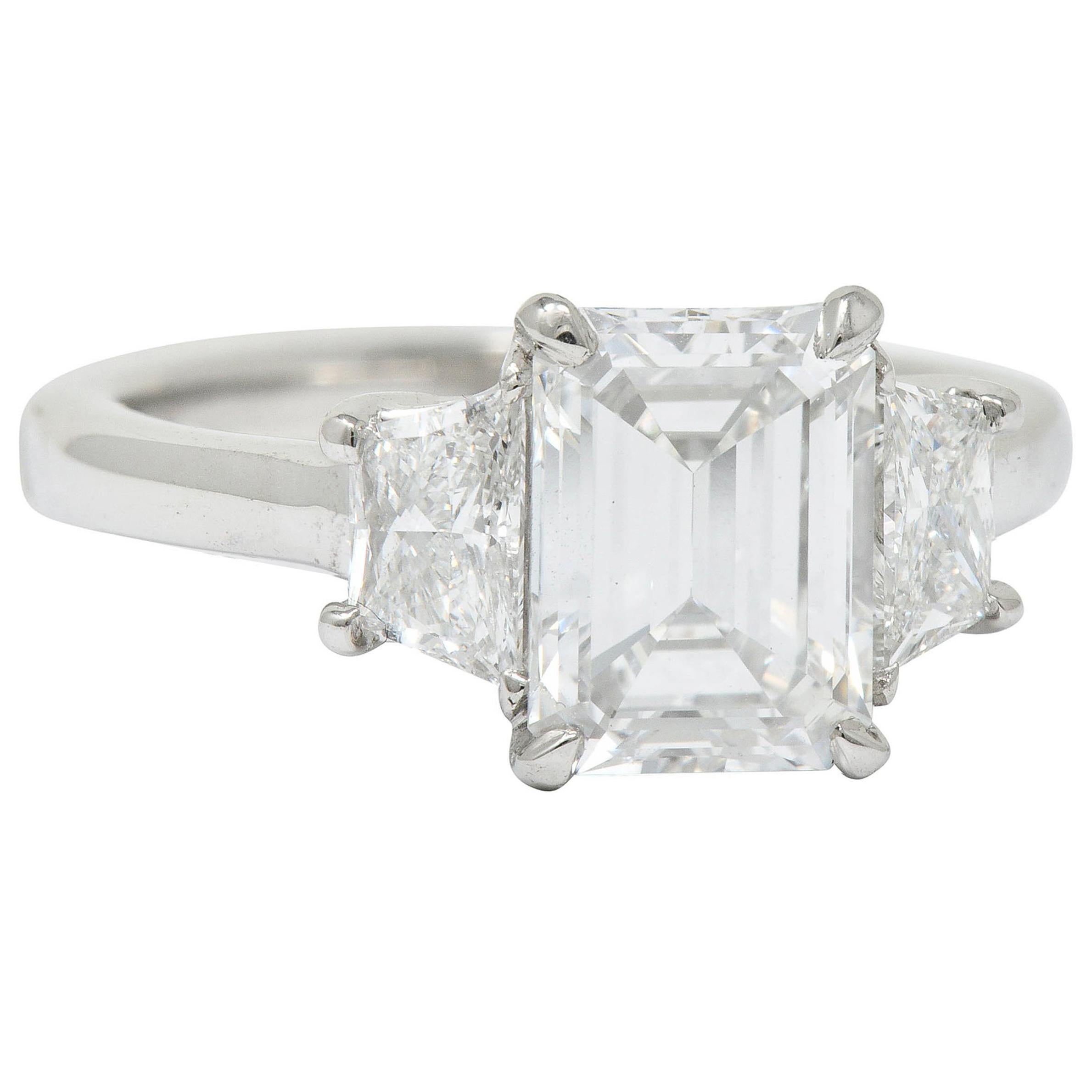 2.81 Carat Emerald Cut Diamond Platinum 3 Stone Engagement Ring GIA