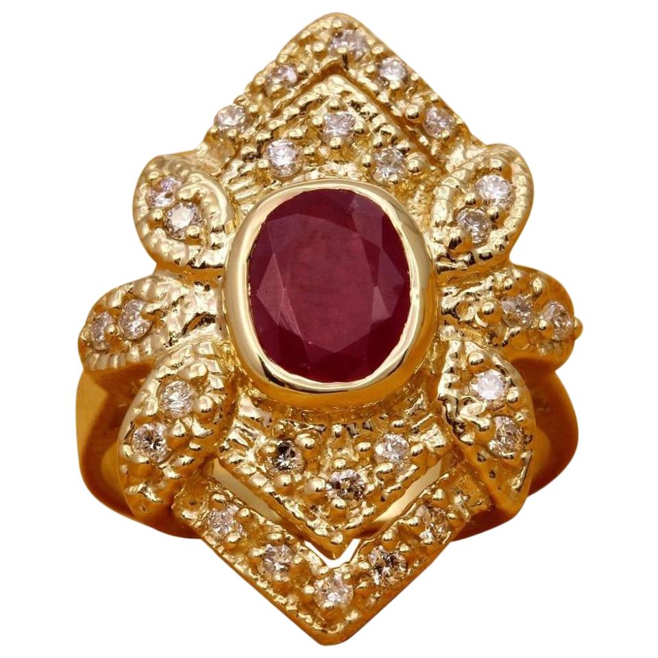 2.81 Carat Impressive Natural Red Ruby and Diamond 14 Karat Yellow Gold Ring For Sale