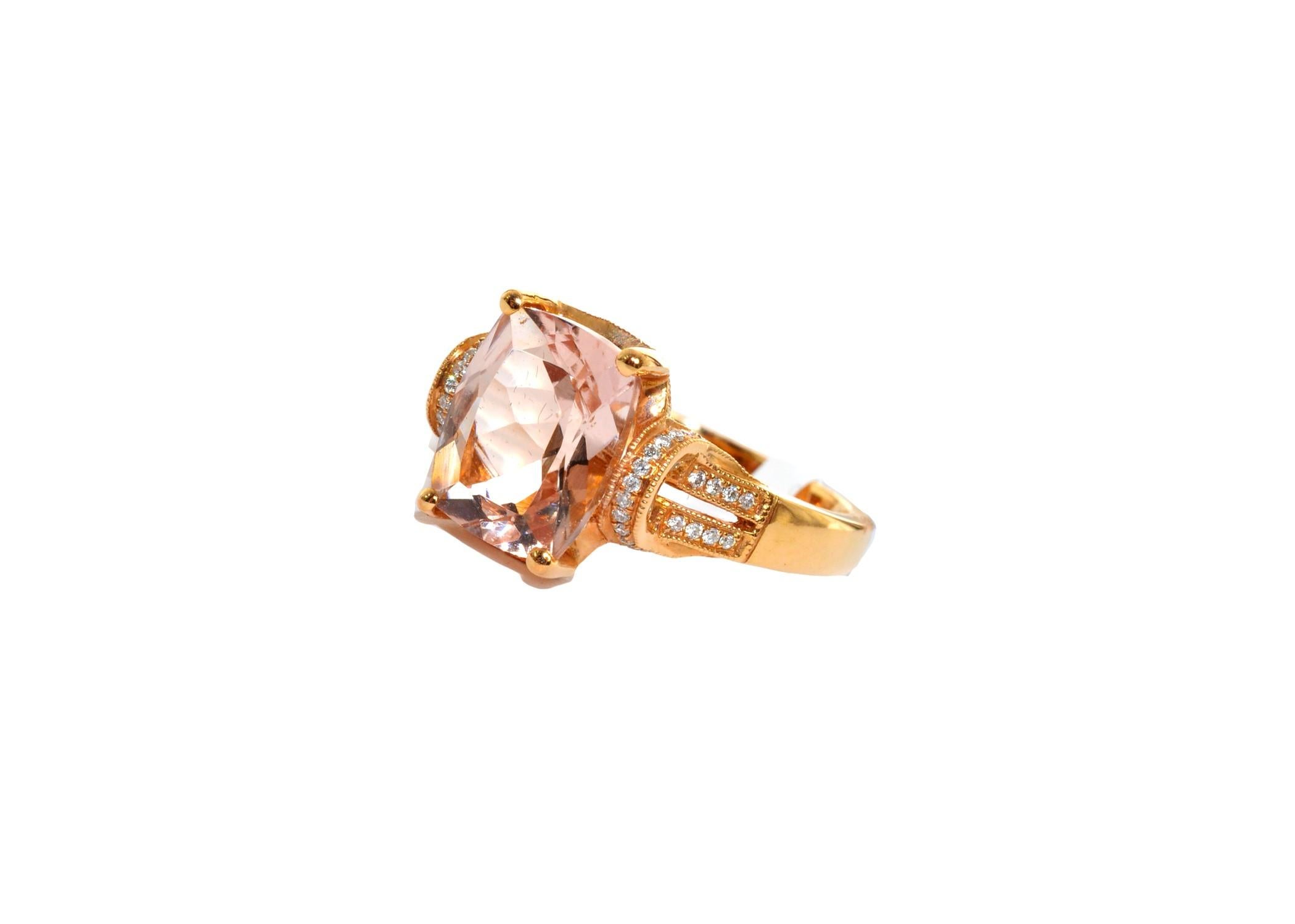 Cushion Cut 2.81 Carat Morganite and Diamond Ring in 18 Karat Rose Gold For Sale