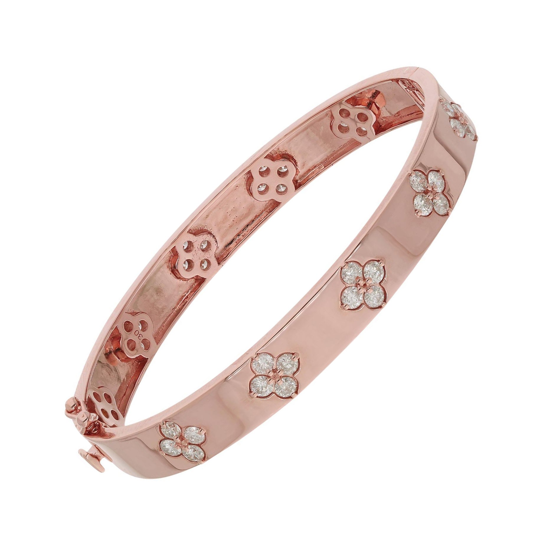 2.81 Carat Natural Pave Diamond Clover 18 Karat Rose Gold Bangle Bracelet