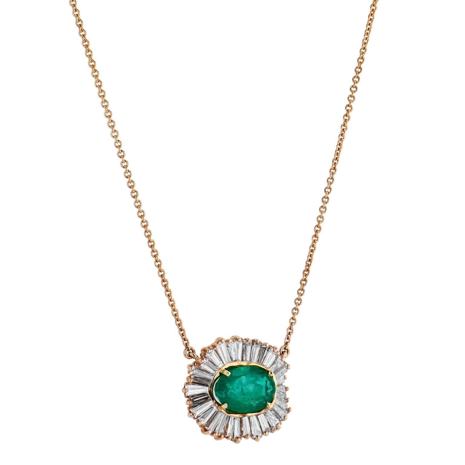 2.81 Carat Oval Emerald & Diamond Baguette Pendant 14 Kt Gold Necklace 18 Inch 

A beautiful 2.81 carat oval-shaped emerald is surrounded by 2.75 carats of ballerina style diamond baguettes, set in 14 karat yellow gold.
This has an 18 inch, 14 karat