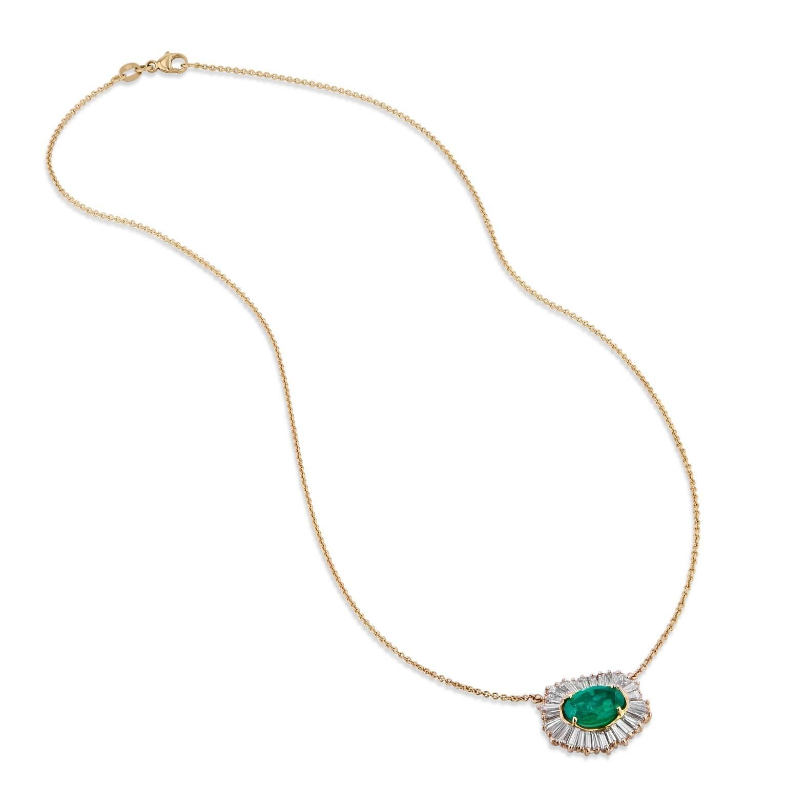 Baguette Cut 2.81 Carat Oval Emerald & Diamond Baguette Pendant 14 Kt Gold Necklace 18 Inch 