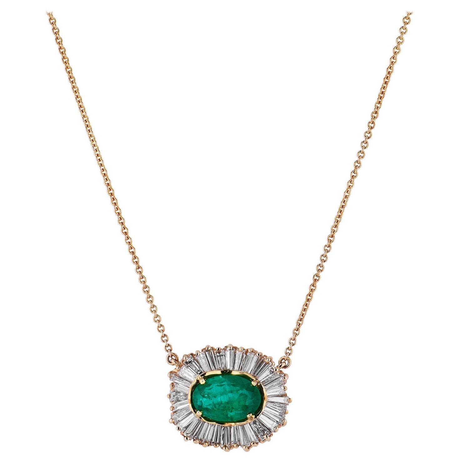 2.81 Carat Oval Emerald & Diamond Baguette Pendant 14 Kt Gold Necklace 18 Inch 