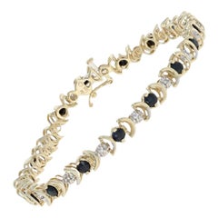 2.81 Carat Round Cut Sapphire and Diamond Bracelet, 10k Gold Crescent Moon Link