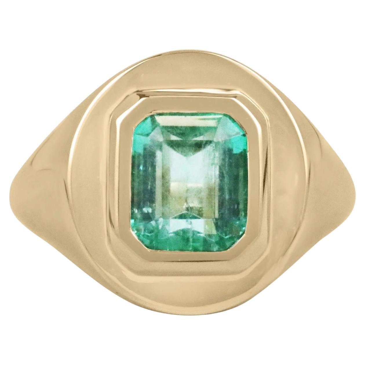 2.81 Carat Sea Green Colombian Emerald-Emerald Cut Solitaire Men's Signet 18K  For Sale