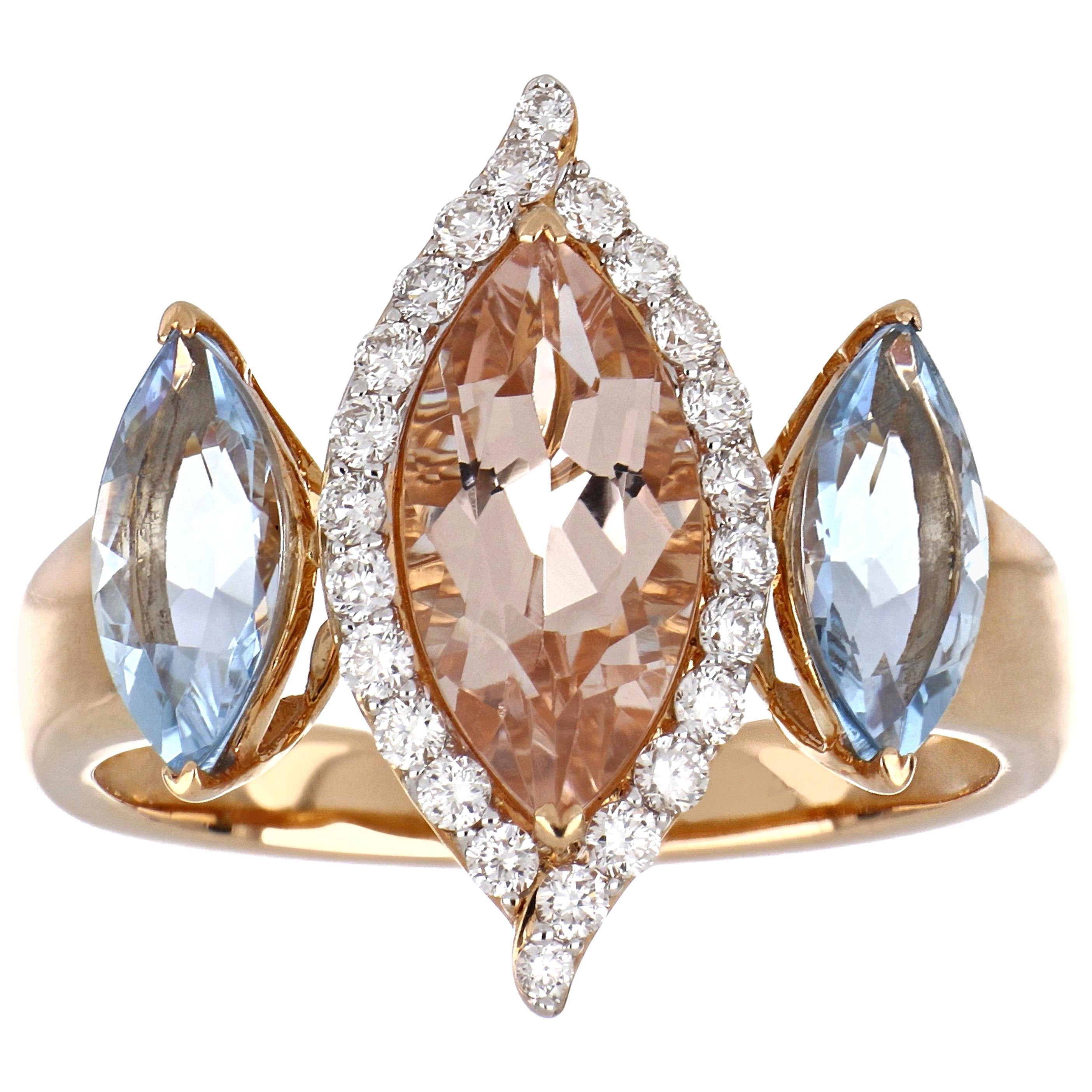 2.81 Carat Total Morganite and Aquamarine Ring with Diamonds 18 Karat Rose Gold