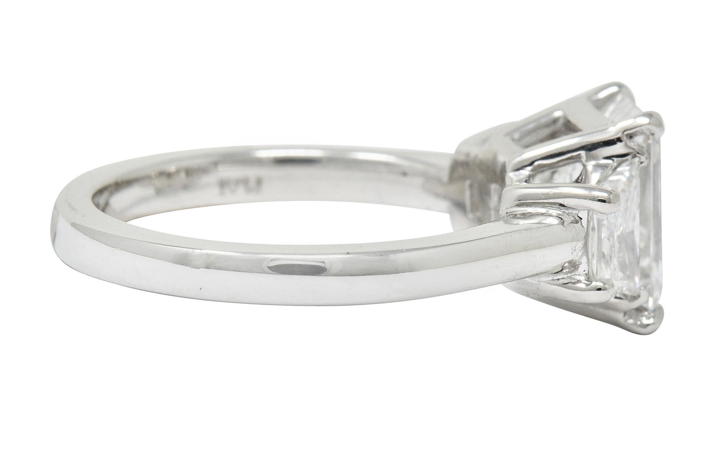 Contemporary 2.81 Carat Emerald Cut Diamond Platinum 3 Stone Engagement Ring GIA