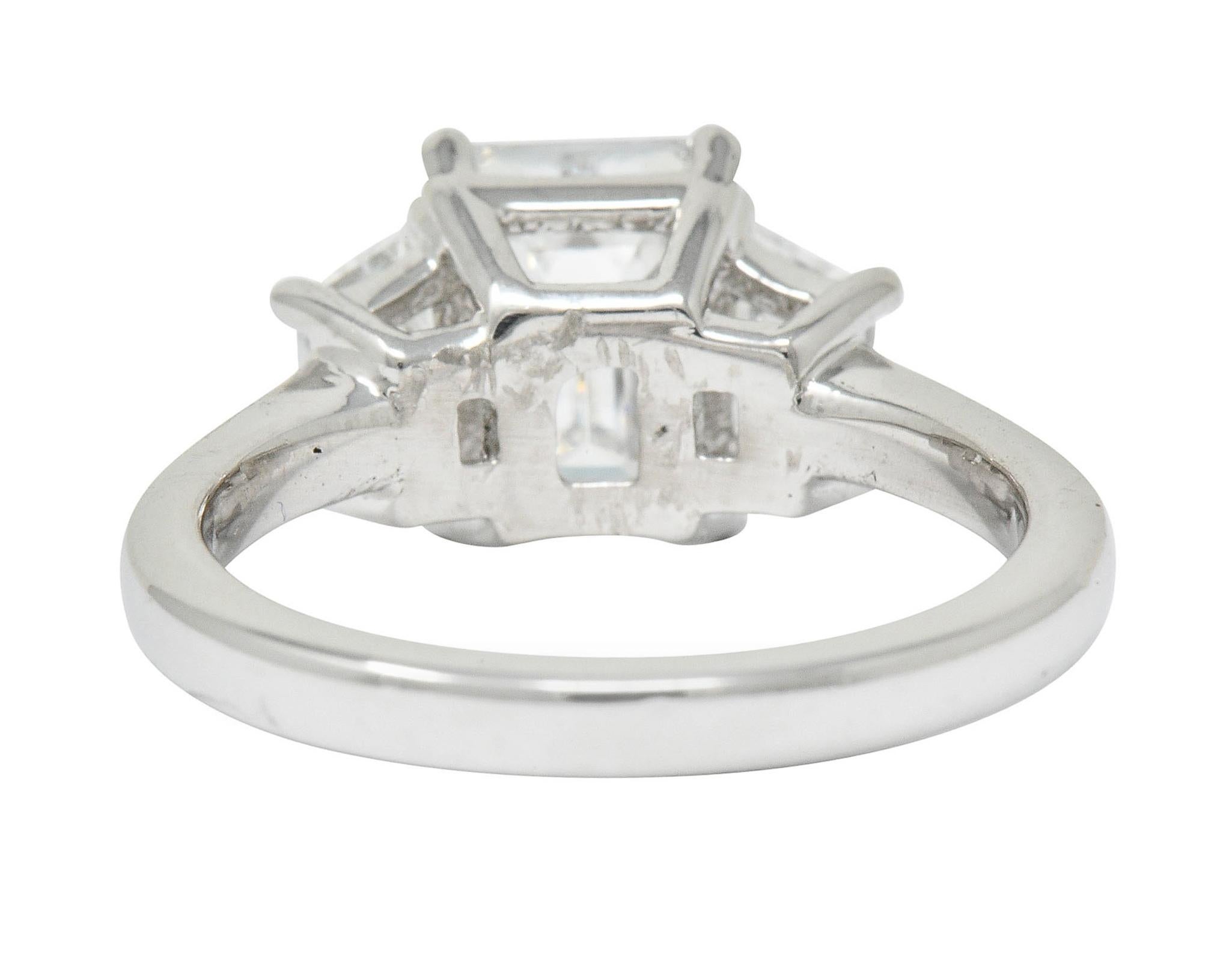2.81 Carat Emerald Cut Diamond Platinum 3 Stone Engagement Ring GIA In Excellent Condition In Philadelphia, PA