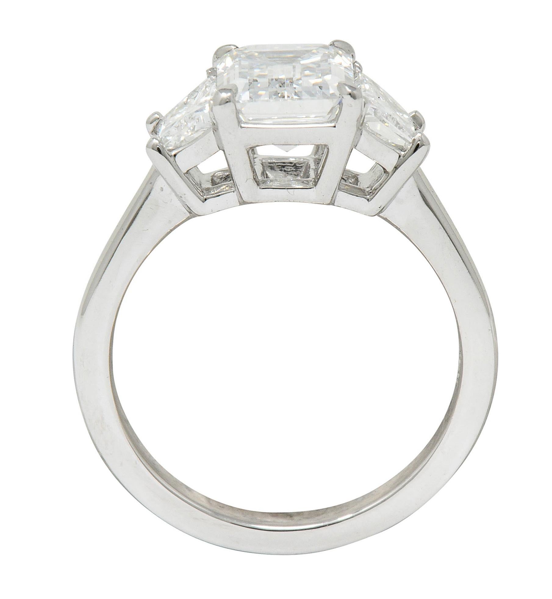 2.81 Carat Emerald Cut Diamond Platinum 3 Stone Engagement Ring GIA 2