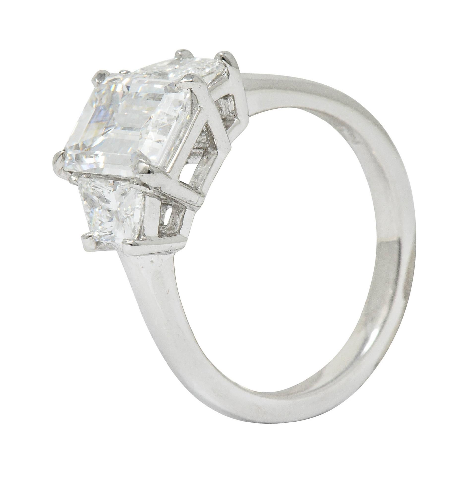 2.81 Carat Emerald Cut Diamond Platinum 3 Stone Engagement Ring GIA 3