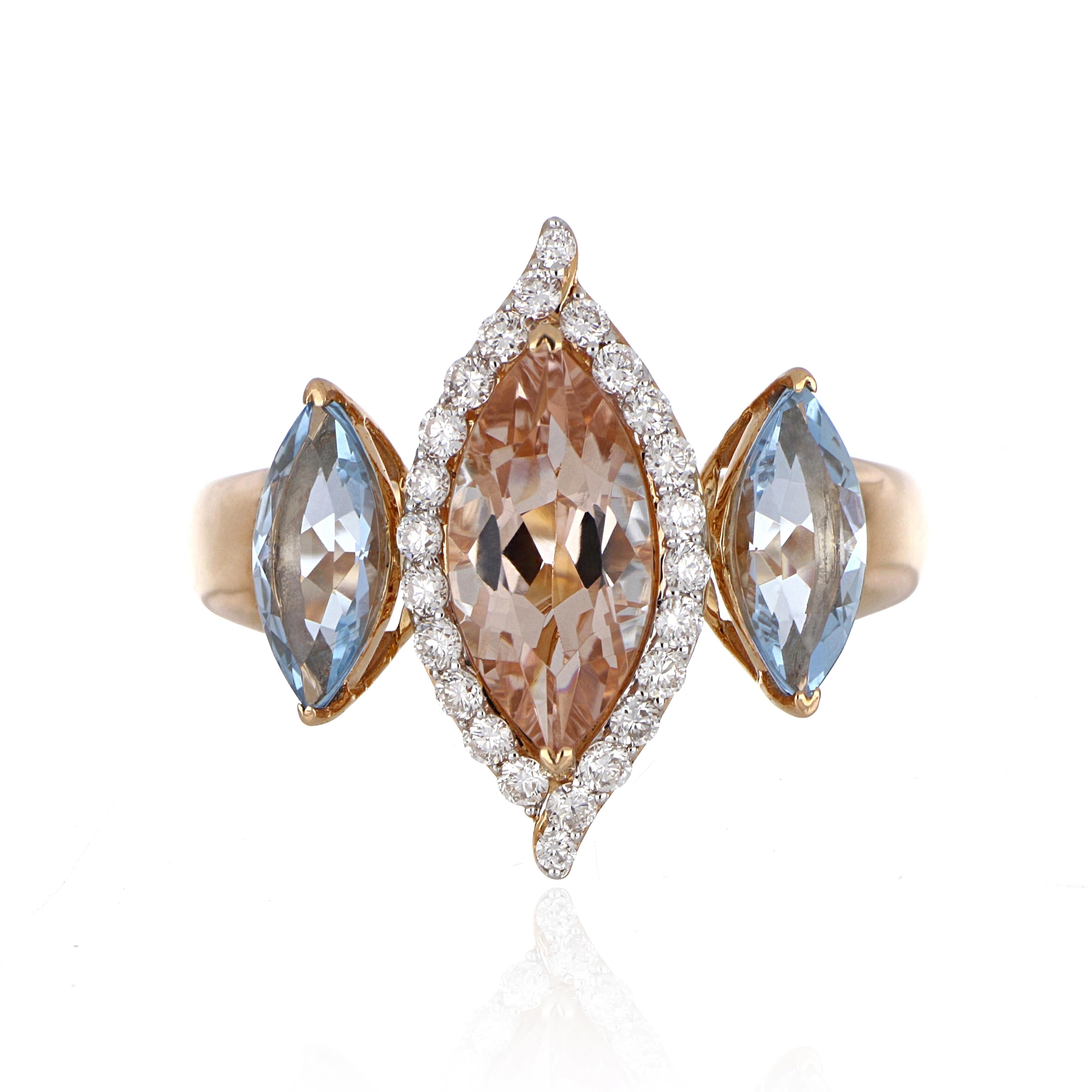 Elegant and exquisitely detailed three Stone Cocktail 18K Ring, centre set with 1.57 Ct Marquise Morganite and 1.24 Ct Marquise Aquamarine, surrounded by and enhanced on shank with micro pave Diamonds, weighing approx. 0.32 total carat weight.