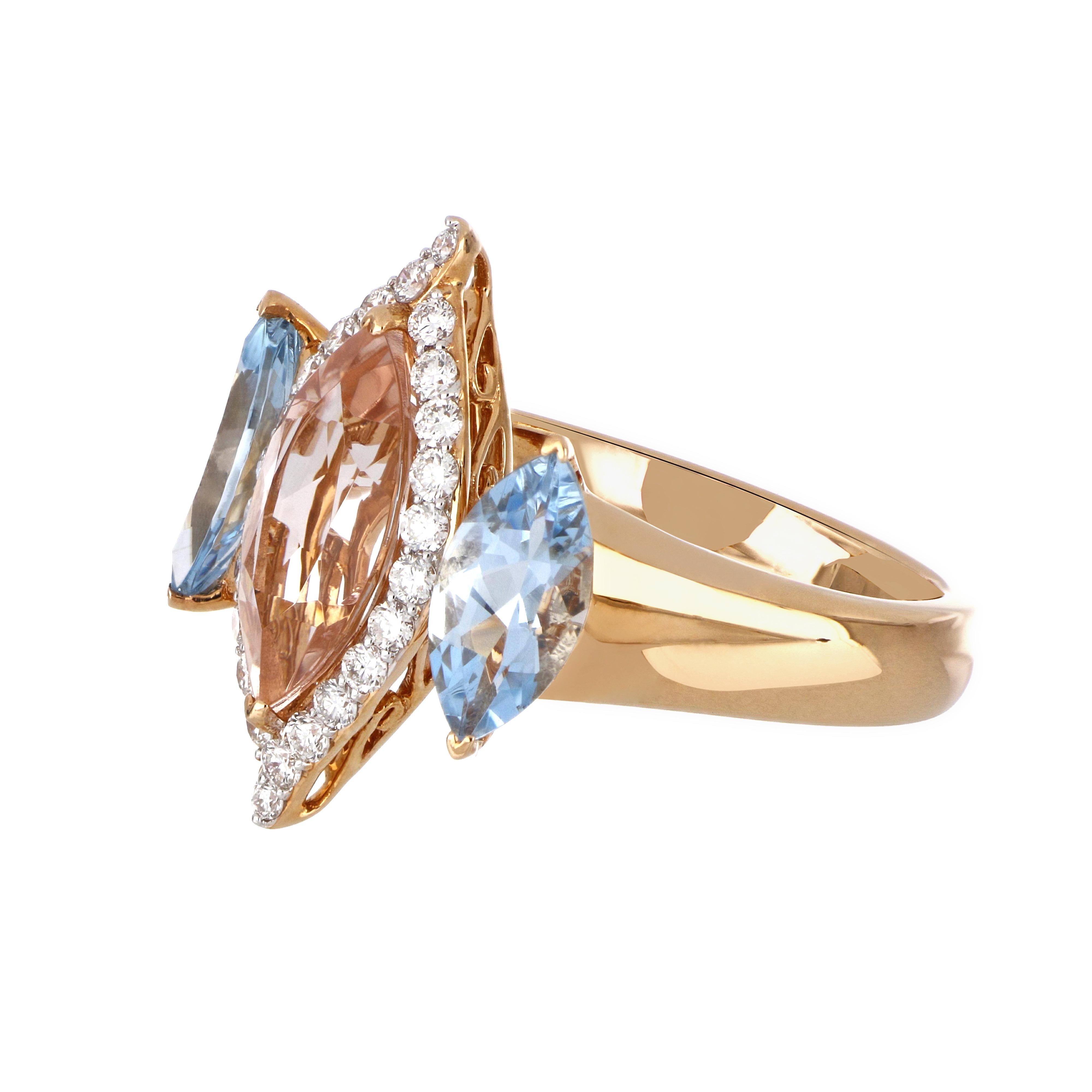 Contemporary 2.81 Carat Total Morganite and Aquamarine Ring with Diamonds 18 Karat Rose Gold