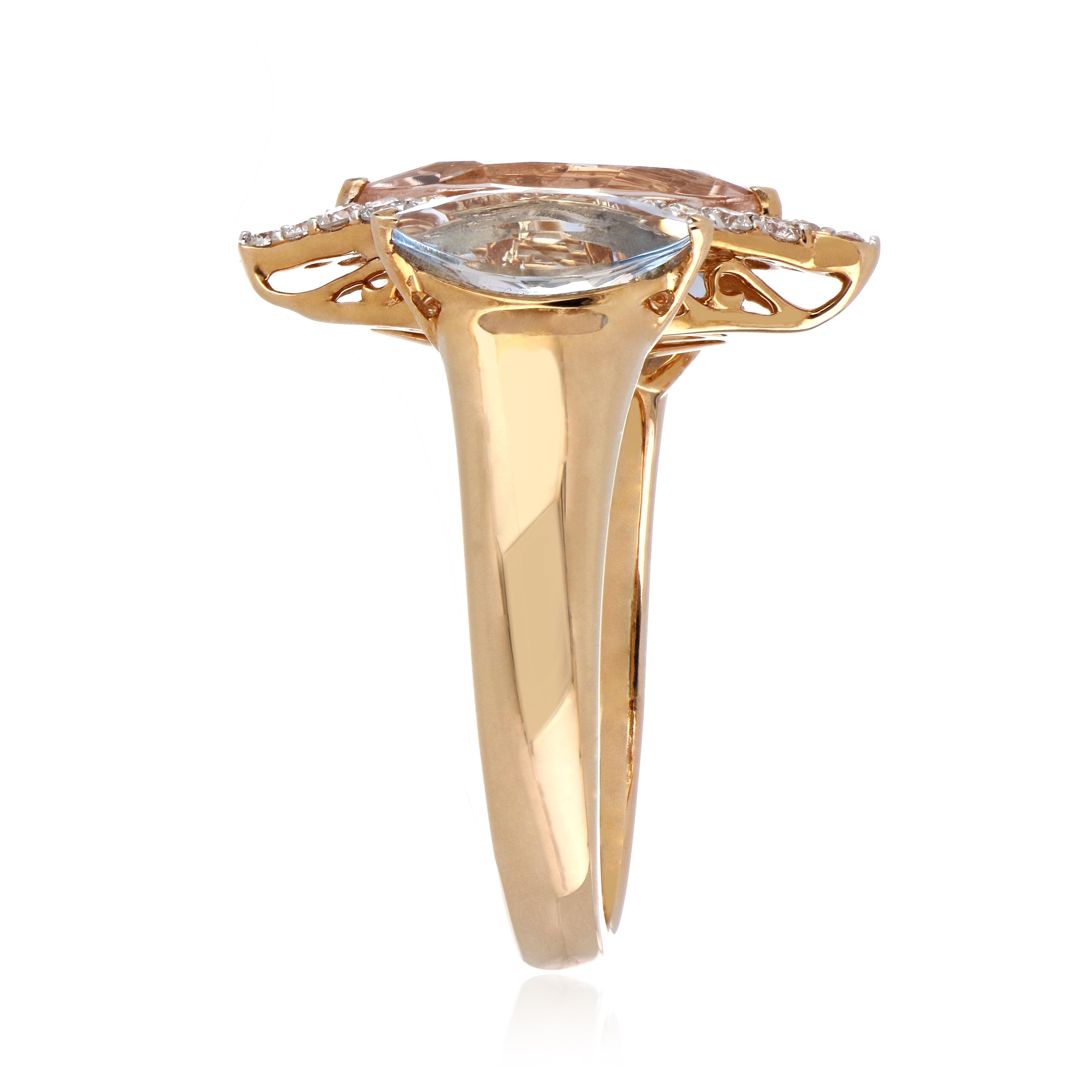 Marquise Cut 2.81 Carat Total Morganite and Aquamarine Ring with Diamonds 18 Karat Rose Gold