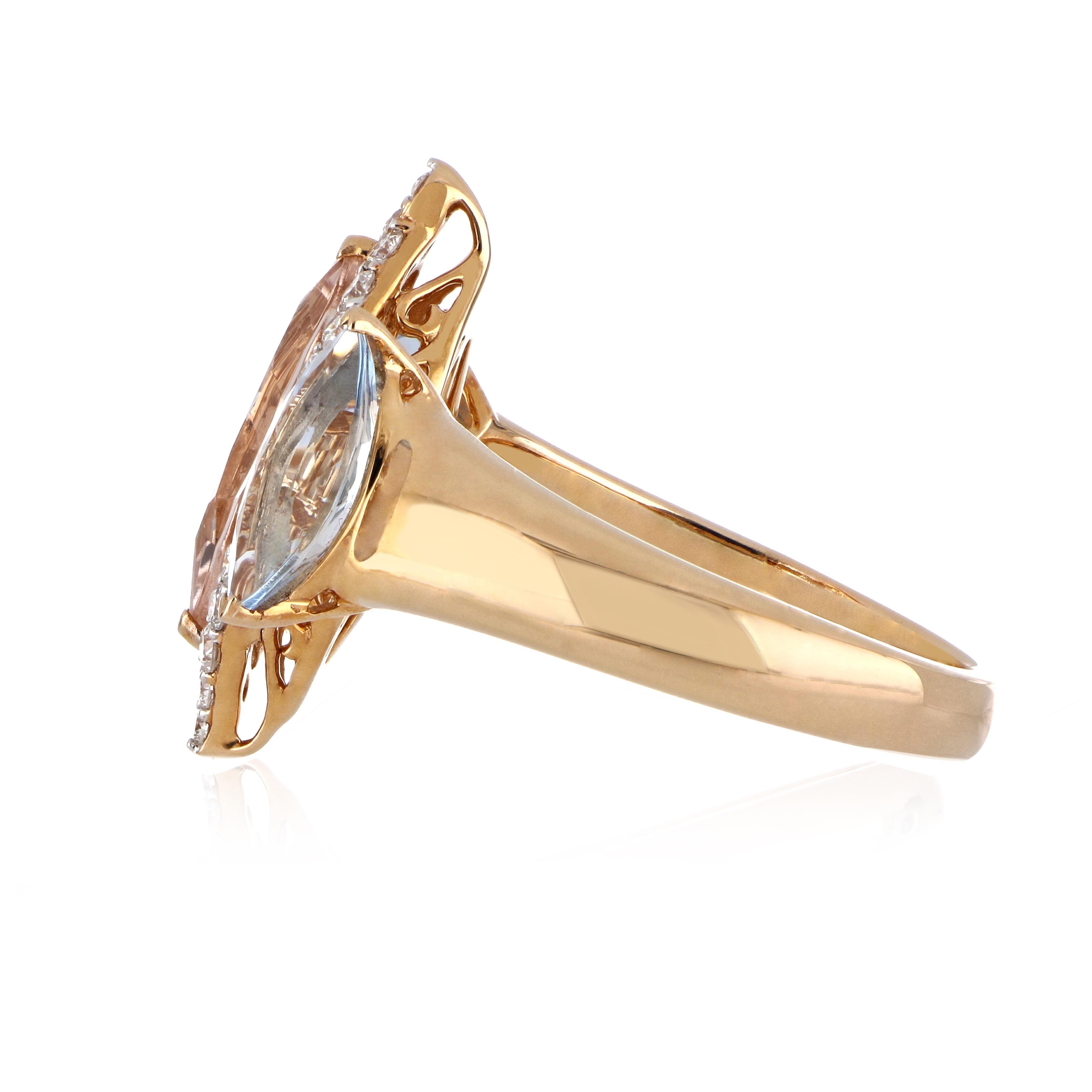 2.81 Carat Total Morganite and Aquamarine Ring with Diamonds 18 Karat Rose Gold In New Condition In JAIPUR, IN