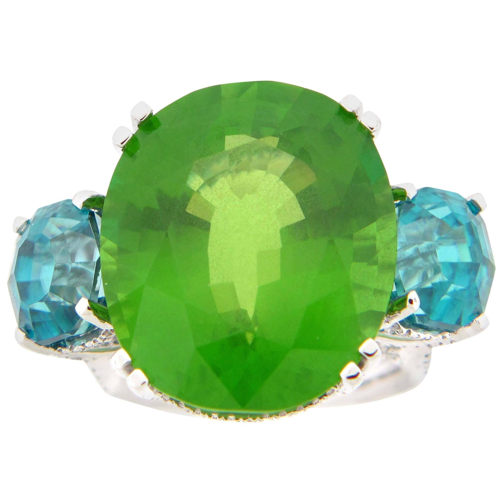 28.10 Carat Peridot and Blue Zircon and Diamond Cocktail Ring For Sale