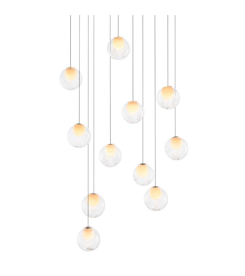 28.11 chandelier lamp by Bocci
Dimensions: D 28.4 x W 85 x H 300 cm 
Materials: blown glass, braided metal coaxial cable, electrical components, white powder coated canopy. 
Lamping: :1.5w LED or 20w xenon. Non-dimmable. 
Cable Lenght: fixed