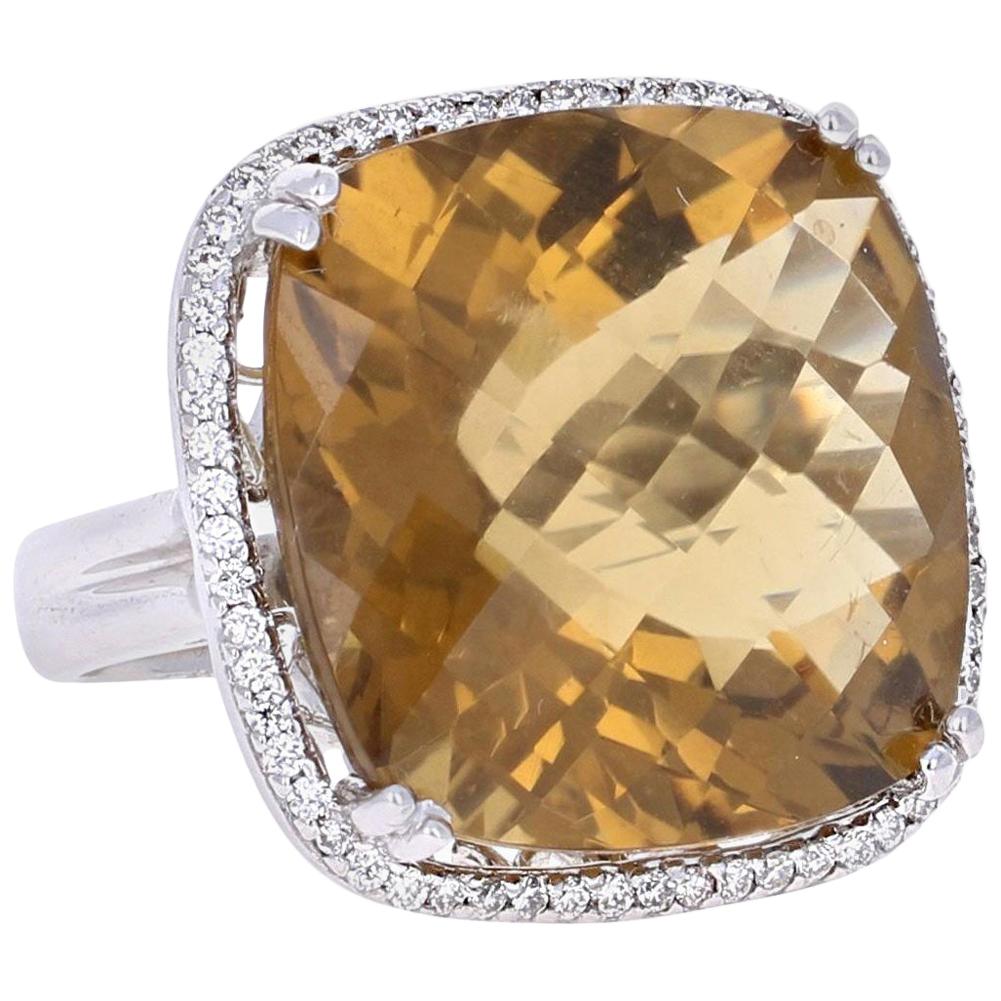 28.14 Carat Whiskey Quartz Diamond White Gold Cocktail Ring