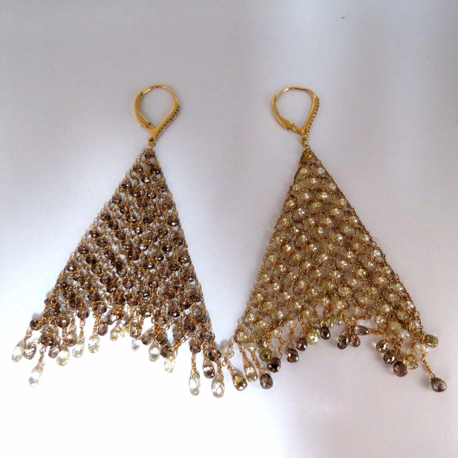 Women's or Men's 28.15 Carat Natural Fancy Color Briolette Diamond Dangle Earrings 18 Karat Mesh For Sale