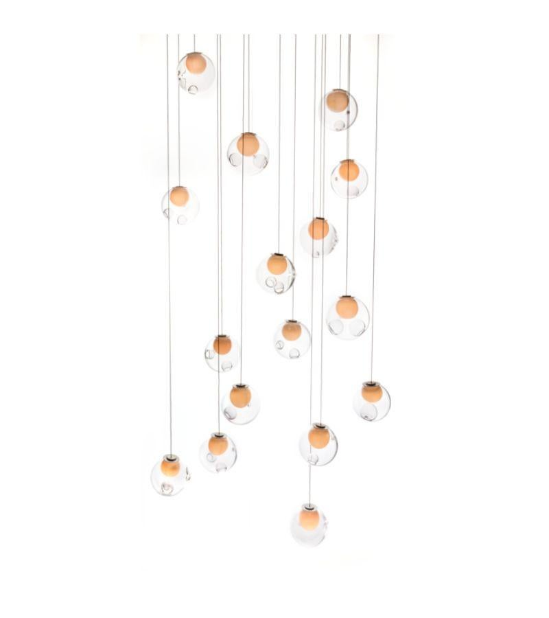 28.16 Rectangular chandelier lamp by Bocci
Dimensions: D 37 x W 110 x H 300 cm 
Materials: blown glass, braided metal coaxial cable, electrical components, white powder coated canopy. 
Lamping: :1.5w LED or 20w xenon. Non-dimmable. 
Cable