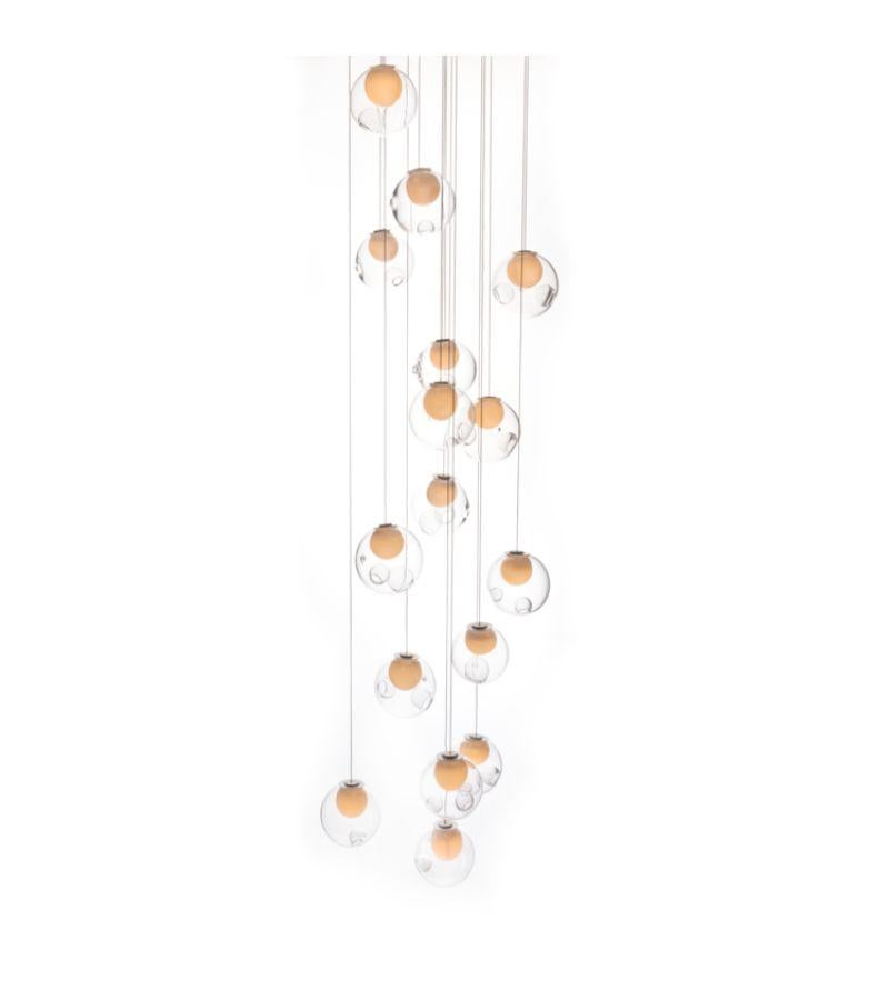 28.16 square chandelier lamp by Bocci
Dimensions: D 60 x W 60 x H 300 cm 
Materials: blown glass, braided metal coaxial cable, electrical components, white powder coated canopy. 
Lamping: :1.5w LED or 20w xenon. Non-dimmable. 
Cable Lenght: