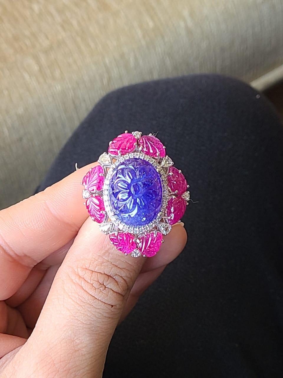 Art Deco 28.17 Carats, Natural Carved Tanzanite, Carved Ruby & Diamonds Cocktail Ring