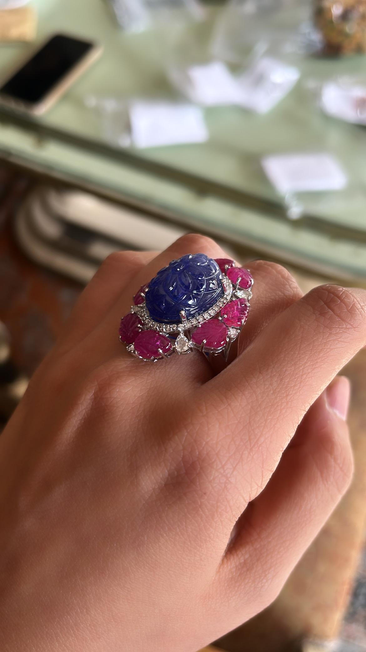 28.17 Carats, Natural Carved Tanzanite, Carved Ruby & Diamonds Cocktail Ring 1