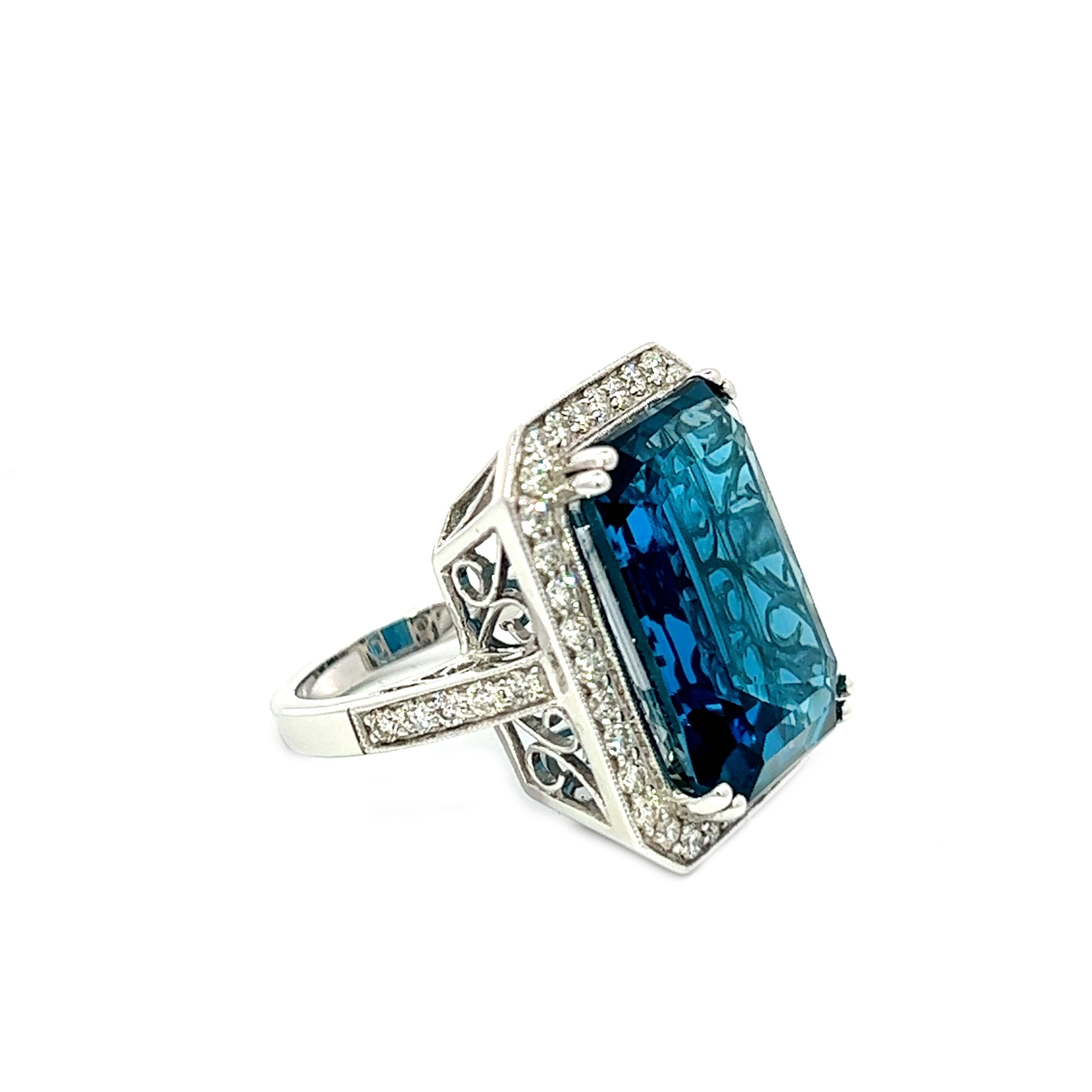Aesthetic Movement 28.17CT Total Weight London Blue Topaz & Diamonds Ring, set in 14KW For Sale
