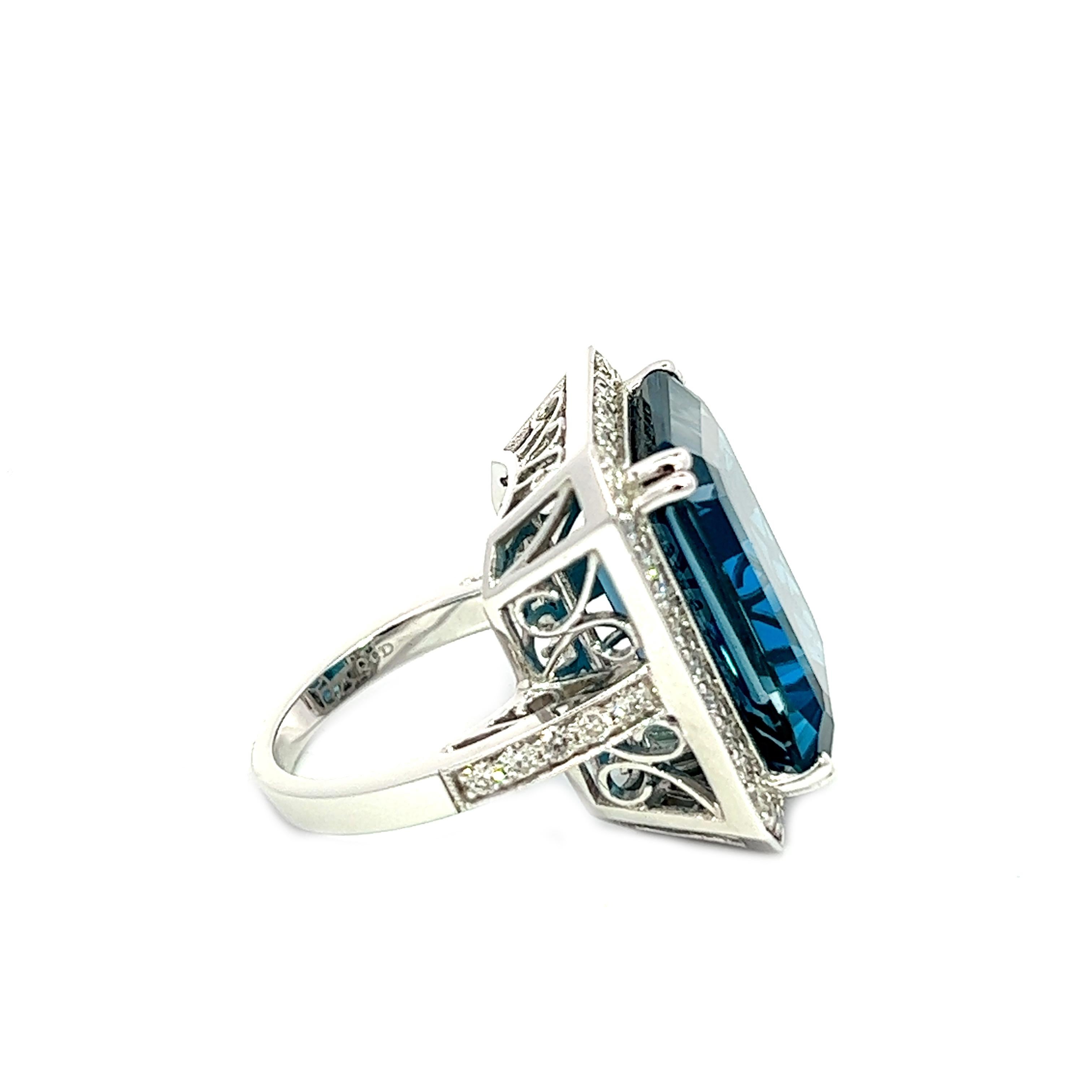 Emerald Cut 28.17CT Total Weight London Blue Topaz & Diamonds Ring, set in 14KW For Sale