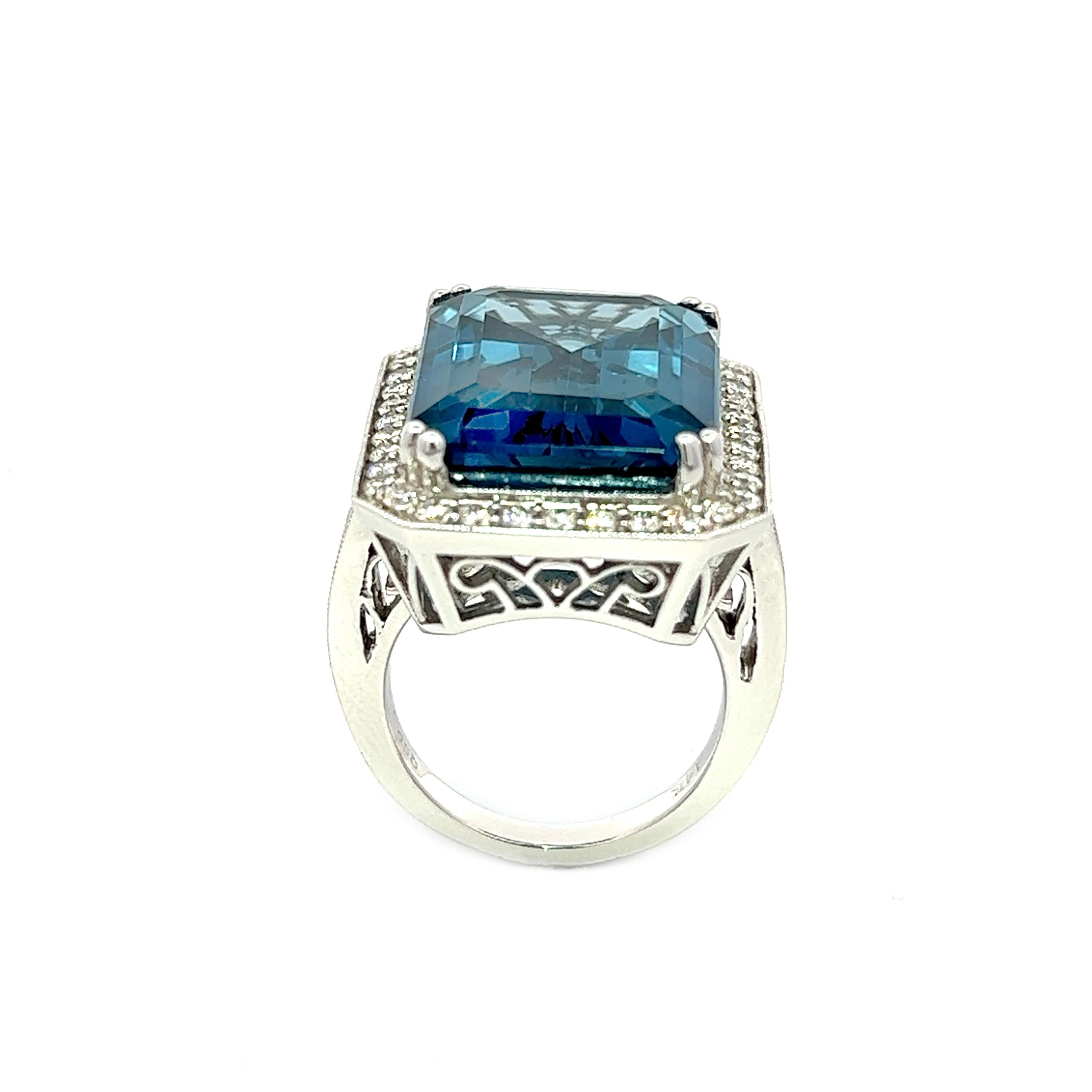 28.17CT Total Weight London Blue Topaz & Diamonds Ring, set in 14KW For Sale 1