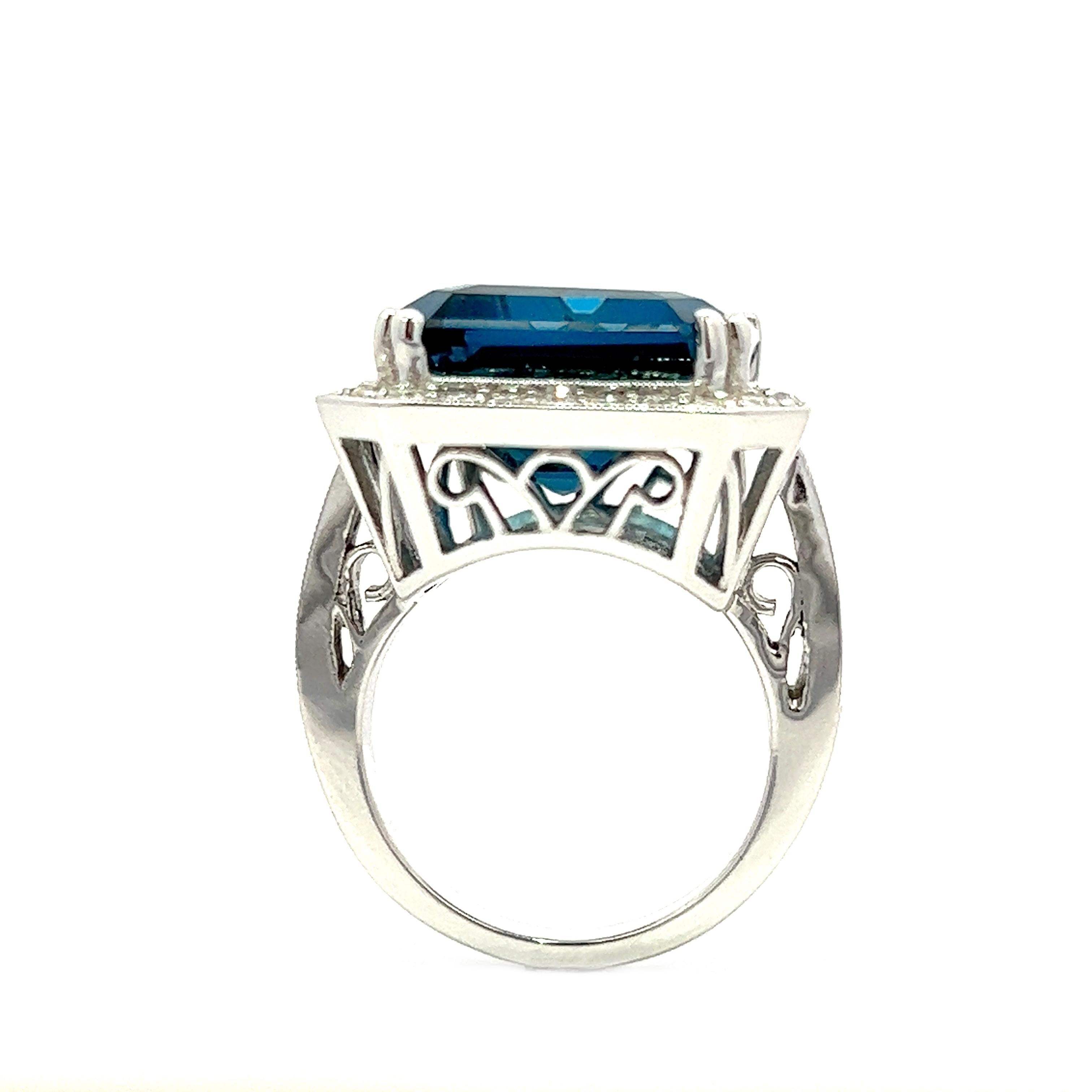 28.17CT Total Weight London Blue Topaz & Diamonds Ring, set in 14KW For Sale 2