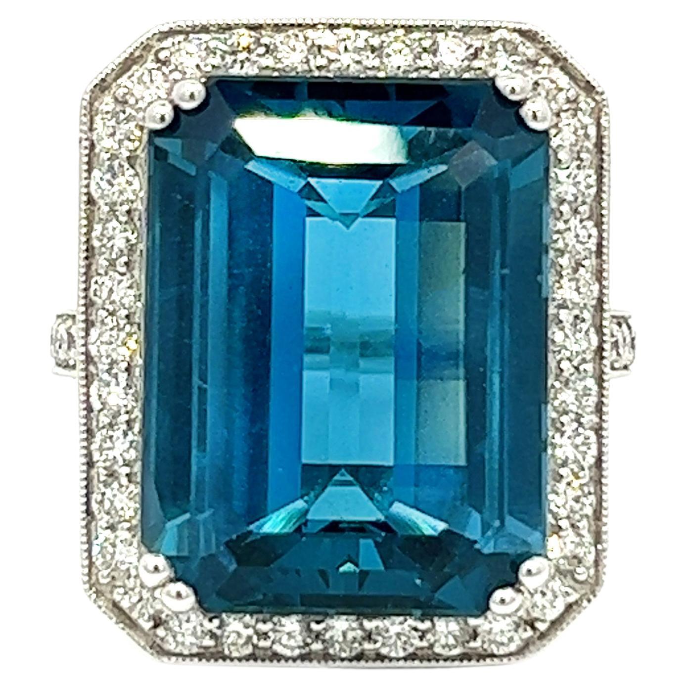 28.17CT Total Weight London Blue Topaz & Diamonds Ring, set in 14KW For Sale